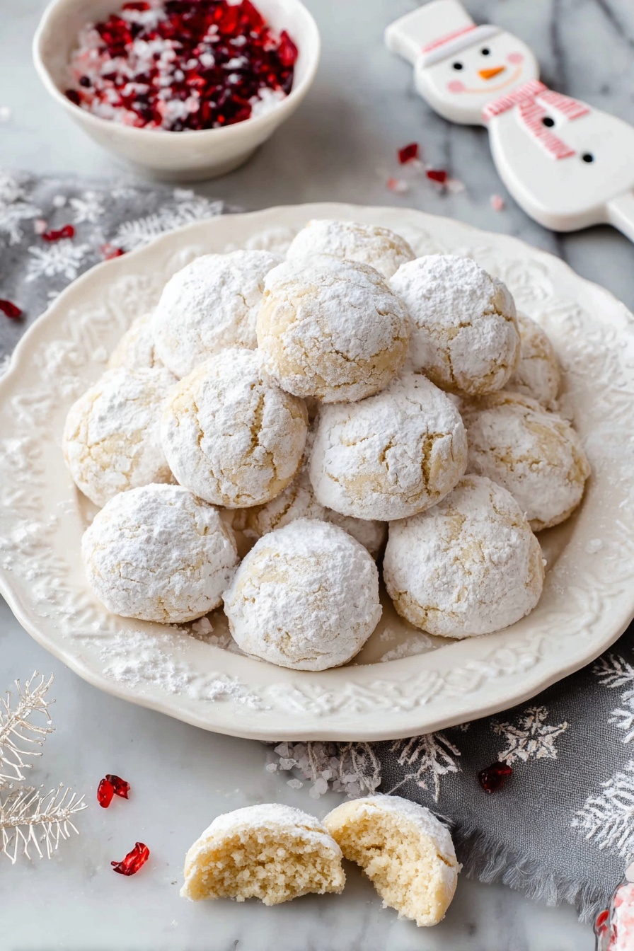 A white ornate plate filled with about fifteen round cookies stacked in a small heap, each cookie covered with a thick layer of white powdered sugar. The cookies are a pale golden color beneath the sugar, lightly textured with small visible bits inside. One cookie is broken in half, placed on top of the pile, showing a dense, crumbly interior. The plate sits on a white marbled surface, with a small patterned cloth and a tag slightly visible in the background. The overall look is bright, soft, and inviting. photo taken with an iphone --ar 2:3 --v 7 - Easy Snowball Cookies with Pecans, simple holiday cookies, pecan snowball cookies, melt-in-your-mouth butter cookies, quick nut ball cookies