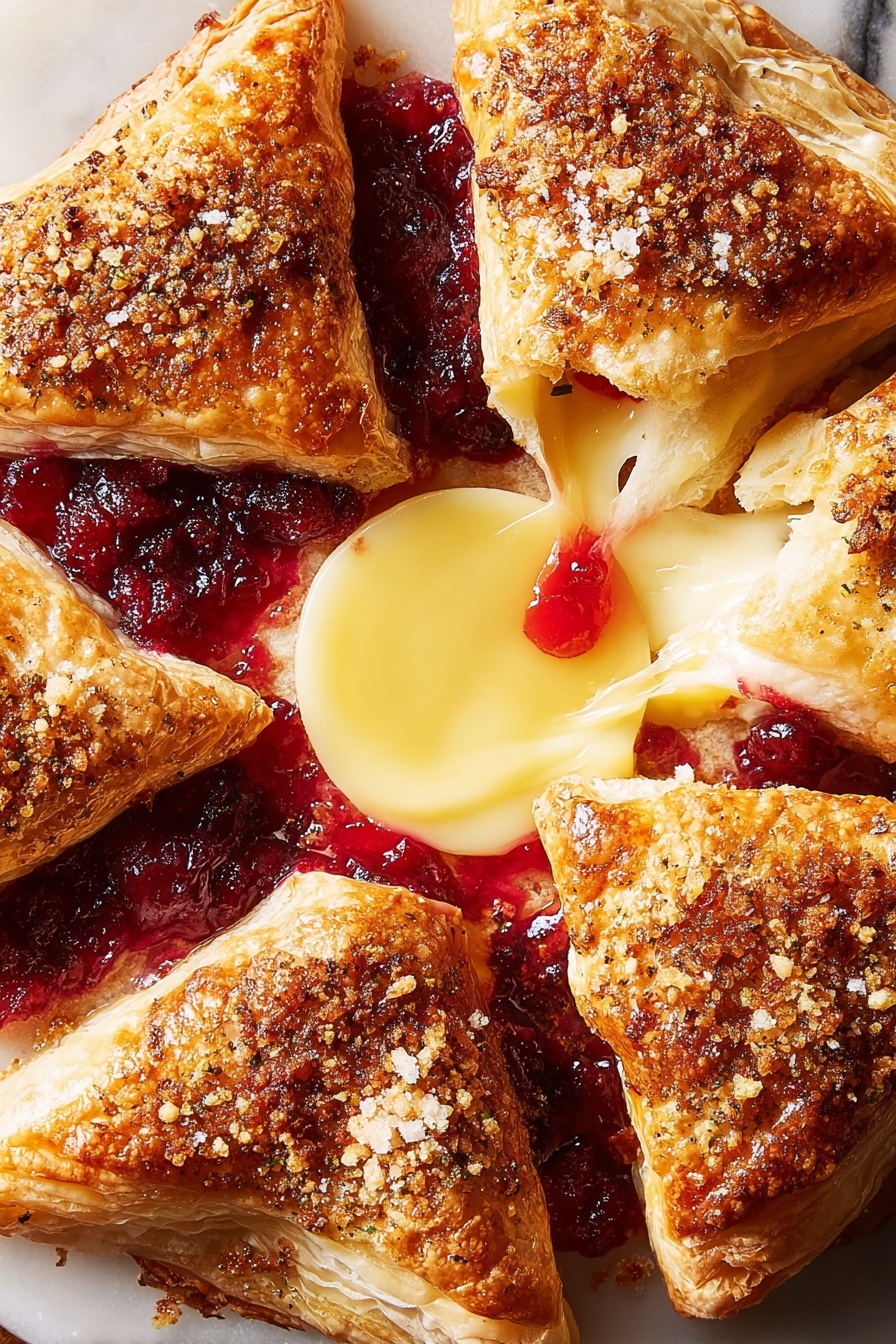 The dish shows four triangular golden brown puff pastry pieces with a sprinkle of coarse sugar on top, arranged in a circle on a white marbled surface. Inside the circle is a layer of bright red chunky cranberry sauce. In the center, there is a round cheese wheel with a light yellow melted center that stretches as a piece of white cracker breaks a corner of the cheese, showing a bit of red sauce on the cracker. The edges of the pastry are flaky and layered, and the overall look is warm and inviting. photo taken with an iphone --ar 2:3 --v 7 - Maple Cranberry Baked Brie, holiday appetizer with baked brie, easy festive appetizer recipes, cranberry baked brie pastry, holiday cheese appetizer