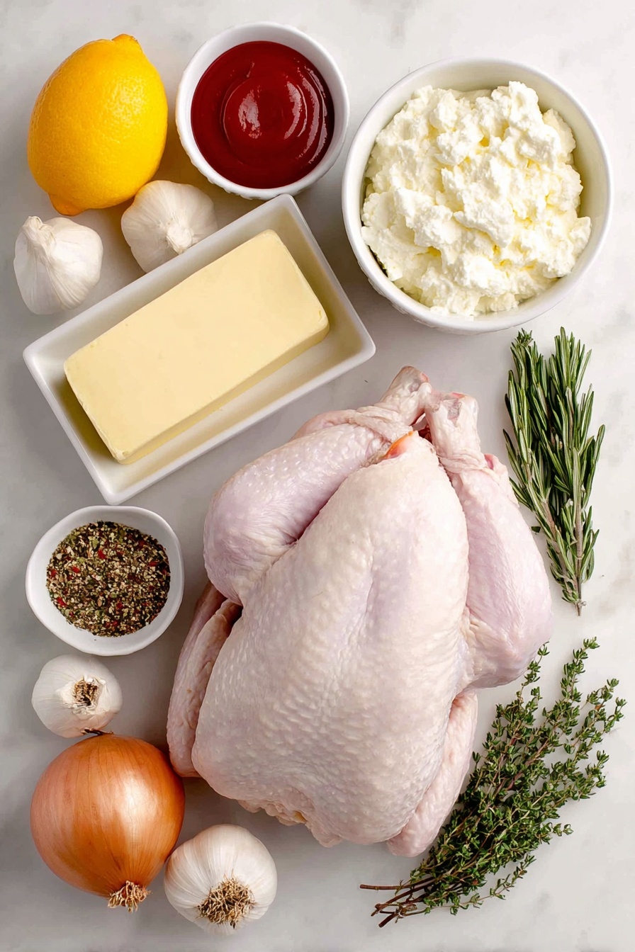 Flat lay of a whole fresh raw turkey with pale pink skin, a small white ceramic bowl filled with thick creamy buttermilk, a small white ceramic bowl holding bright red hot sauce, a stick of salted butter at room temperature, a pile of mixed all-purpose seasoning blend with visible herbs and spices, a whole brown onion, a whole bright yellow lemon, a whole vibrant orange, a whole garlic bulb with white papery skin, two sprigs of fresh green thyme, two sprigs of fresh green rosemary, two sprigs of fresh green sage, all arranged symmetrically on a clean white marble surface, soft natural light, photo taken with an iPhone, professional food photography style, fresh ingredients, white ceramic bowls, no bottles, no duplicates, no utensils, no packaging --ar 2:3 --v 7 --p m7354615311229779997 - Buttermilk Brined Turkey, juicy turkey recipe, tender turkey cooking, holiday turkey ideas, flavorful turkey marinade