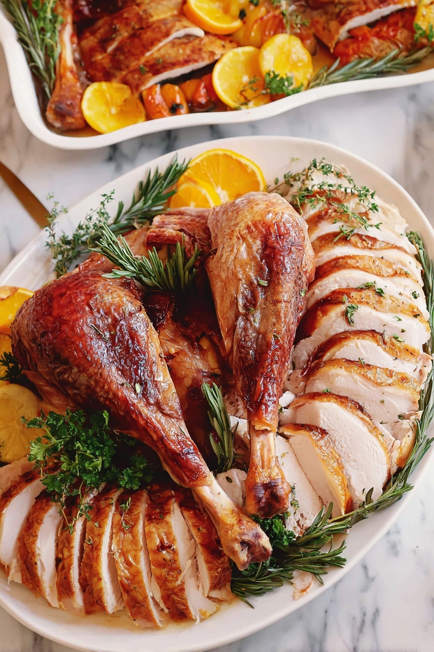 A white plate displays a roasted turkey arranged with two crispy, golden-brown turkey legs crossed in the center, surrounded by neatly sliced turkey breast pieces in light brown with a slightly crispy skin on the outer edges, fanning out along the plate's curve. Garnished with sprigs of green rosemary and thyme, the plate also includes some slices of orange and lemon placed near the edges, creating a fresh contrast against the rich turkey colors. The background features a white marbled surface, and part of a rectangular dish with more turkey and yellow tomatoes is visible in the upper part of the image. Photo taken with an iphone --ar 2:3 --v 7 - Buttermilk Brined Turkey, juicy turkey recipe, tender turkey cooking, holiday turkey ideas, flavorful turkey marinade