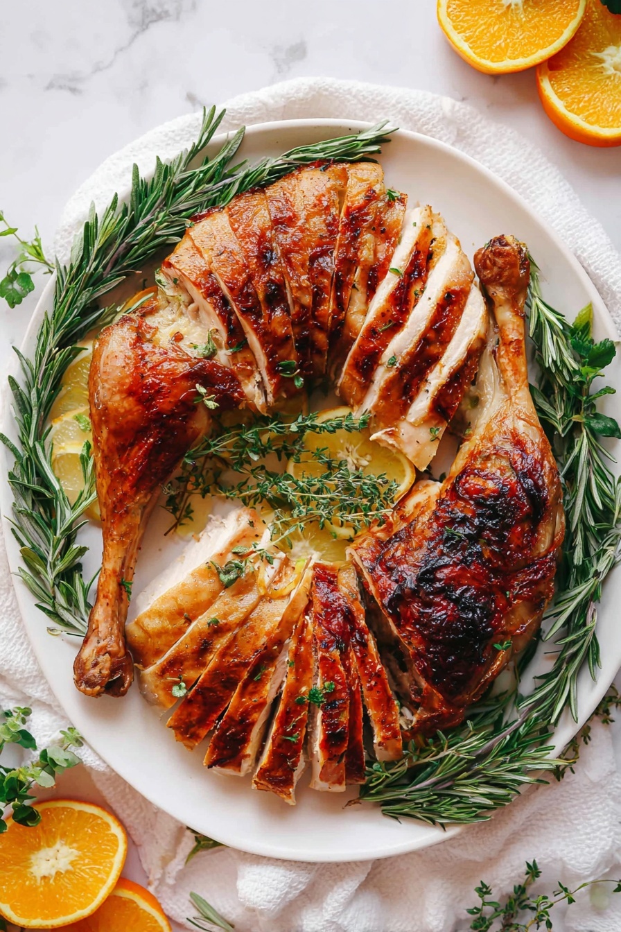 A white plate holds three layers of cooked turkey: two layers of sliced turkey with golden brown crispy skin arranged on opposite sides, and in the center, two whole cooked turkey legs with browned and slightly charred skin lying on top. Green herbs like rosemary and thyme are placed around and on the turkey for decoration. The plate sits on a white marbled surface with white cloth underneath and slices of orange and lemon nearby. The image is bright and clear. photo taken with an iphone --ar 2:3 --v 7 - Buttermilk Brined Turkey, juicy turkey recipe, tender turkey cooking, holiday turkey ideas, flavorful turkey marinade