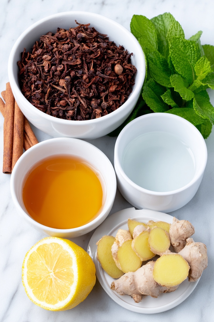 Flat lay of a small white ceramic bowl with loose black tea leaves, a single cinnamon stick broken into pieces, thinly sliced fresh ginger root arranged neatly, a few whole cloves scattered nearby, a small white ceramic bowl filled with clear water, a small white ceramic bowl of fresh lemon juice, a small white ceramic bowl with golden honey, and a fresh lemon slice placed beside the honey bowl, placed on a clean white marble surface, soft natural light, photo taken with an iPhone, professional food photography style, fresh ingredients, white ceramic bowls, no bottles, no duplicates, no utensils, no packaging --ar 2:3 --v 7 --p m7354615311229779997 - Non-Alcoholic Hot Toddy with Spices, spiced hot tea drink, warm comforting non-alcoholic beverage, cozy hot toddy without alcohol, homemade hot toddy with cinnamon and lemon