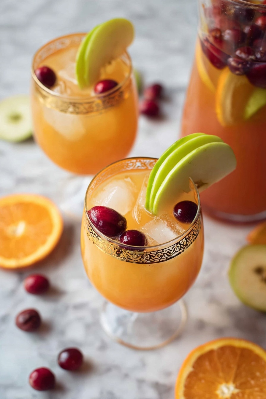 A clear glass jar filled with bright orange juice as the main layer, surrounded by circular orange slices pressed against the inside of the jar near the bottom. Floating on top are dark red cranberries. A clear liquid is being poured into the jar from a blue bottle positioned to the right. Around the jar on a white marbled surface are halved green and red apples, halved oranges, and scattered cranberries. The background is a grey textured brick wall. photo taken with an iphone --ar 2:3 --v 7 - Virgin Cranberry Sangria, non-alcoholic mocktail, festive drink recipe, cranberry orange beverage, easy party drink