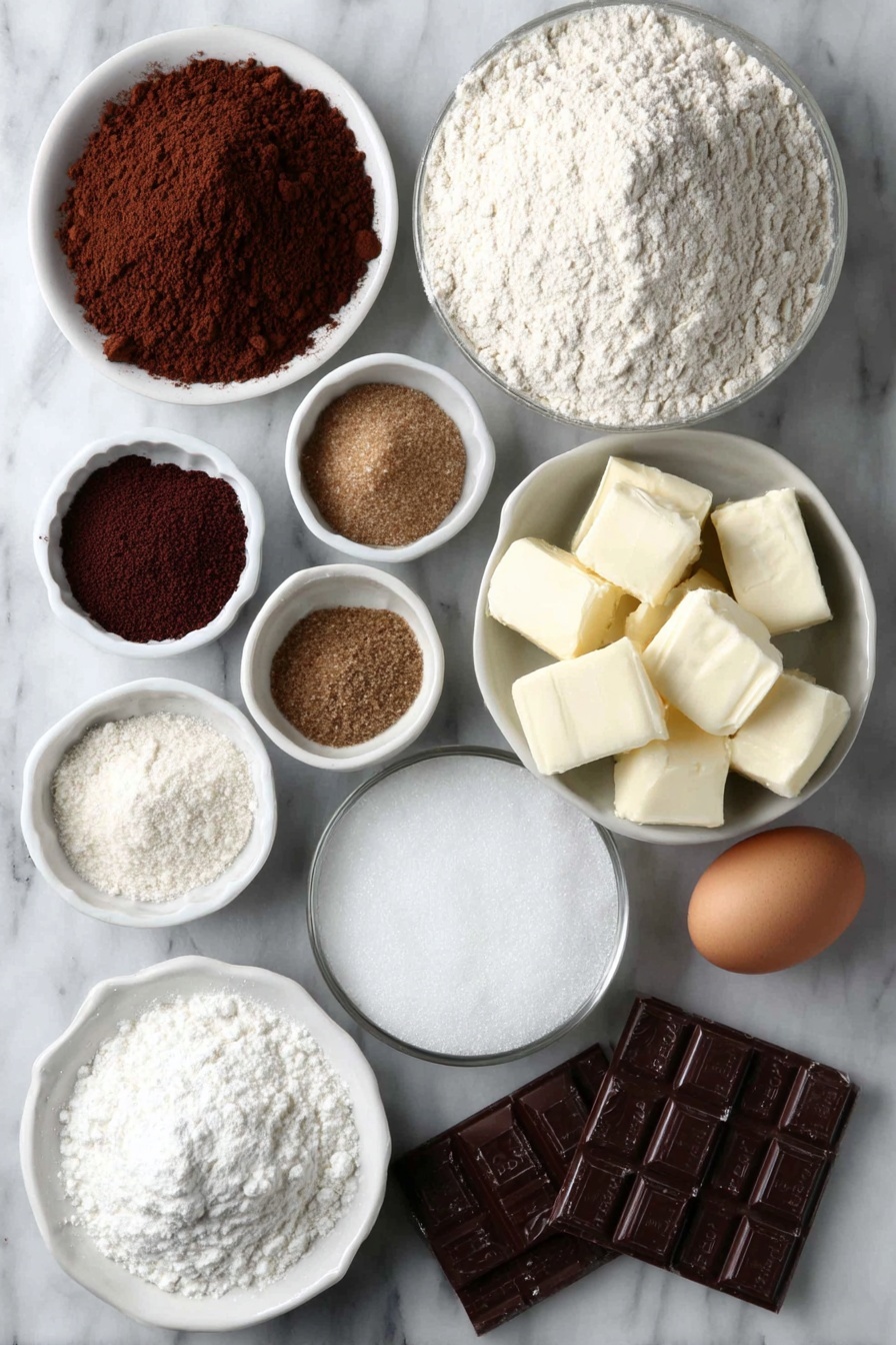 Flat lay of a small mound of all-purpose flour, a small white bowl filled with unsweetened cocoa powder, a small pile of dark brown sugar, a small white bowl of ground cinnamon, a small white bowl of ground ginger, a small white bowl of ground cloves, a few grains of salt scattered, a small white bowl with fresh orange zest, twelve pieces of unsalted butter cut into chunks, one whole uncracked brown egg, a small white bowl of dark molasses, a small pile of finely chopped semisweet chocolate, a small white bowl of white meringue powder, a large white bowl with powdered sugar, a small white bowl of clear water, and a small white bowl with vanilla extract placed in a balanced, symmetrical arrangement on a clean white marble surface, soft natural light, photo taken with an iPhone, professional food photography style, fresh ingredients, white ceramic bowls, no bottles, no duplicates, no utensils, no packaging --ar 2:3 --v 7 --p m7354615311229779997 - Chocolate Gingerbread Cookies, gingerbread cookie recipe with chocolate, easy chocolate-spiced cookies, holiday gingerbread treats, decadent gingerbread cookies