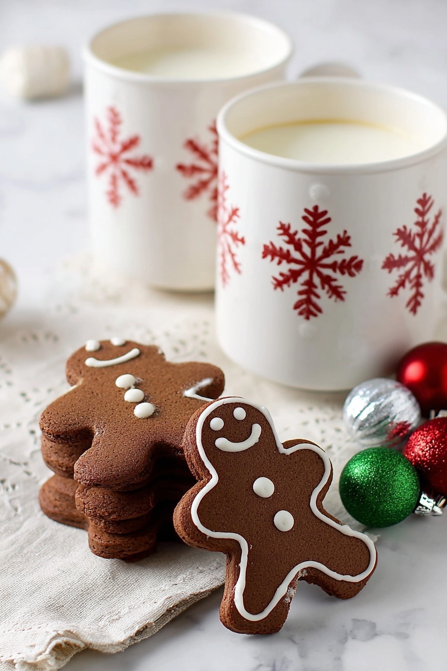 The image shows two white mugs with red snowflake patterns near the top, filled with white milk, placed on a white marbled surface. In the foreground, there is a stack of dark brown gingerbread cookies shaped like gingerbread people, with three small white icing dots on top in a vertical line. Next to the stack, one gingerbread cookie is standing upright and decorated with white icing outlining the shape, with a bite taken out of its head. Small shiny Christmas ornaments in red, green, and silver are placed beside the mugs. The items rest on a light-colored cloth that adds texture to the scene. Photo taken with an iphone --ar 2:3 --v 7 - Chocolate Gingerbread Cookies, gingerbread cookie recipe with chocolate, easy chocolate-spiced cookies, holiday gingerbread treats, decadent gingerbread cookies