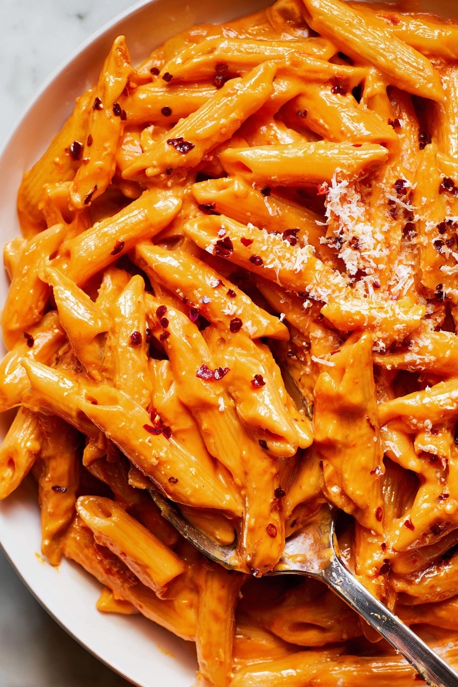 A white bowl filled with cooked penne pasta covered in an orange creamy sauce. The pasta is arranged in one thick layer, with a silver spoon lifting some pasta from the bottom left side. On top of the pasta, there is a small pile of white grated cheese sprinkled with tiny bits of red pepper flakes and a few green herb specks. The bowl sits on a white marbled surface with a folded beige cloth in the bottom right corner and a fork and small stack of white bowls blurred in the background. photo taken with an iphone --ar 2:3 --v 7 - Creamy Vodka Penne Pasta, creamy vodka pasta, easy penne pasta recipe, homemade vodka penne, rich pasta dishes