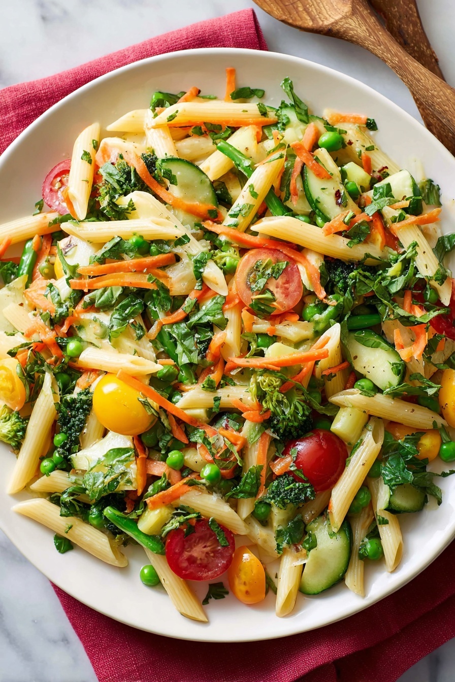 A white plate filled with a colorful pasta salad sits on a white marbled surface with a red cloth underneath. The salad has a mix of pale yellow penne pasta as the base layer, scattered with bright orange thin carrot strips, green peas, chopped dark green leafy herbs, and sections of broccoli with a rich green color. There are also halved cherry tomatoes with a glossy red color, small yellow bell pepper chunks, and light green cucumber pieces mixed evenly throughout. The vegetables and pasta have a fresh, slightly glossy look as if tossed lightly in dressing. A woman's hand and wooden cooking utensils are visible at the top right corner of the image. Photo taken with an iphone --ar 2:3 --v 7 - One-Pot Spring Pasta Primavera, spring vegetable pasta, easy pasta primavera, healthy pasta dish, quick weeknight dinner