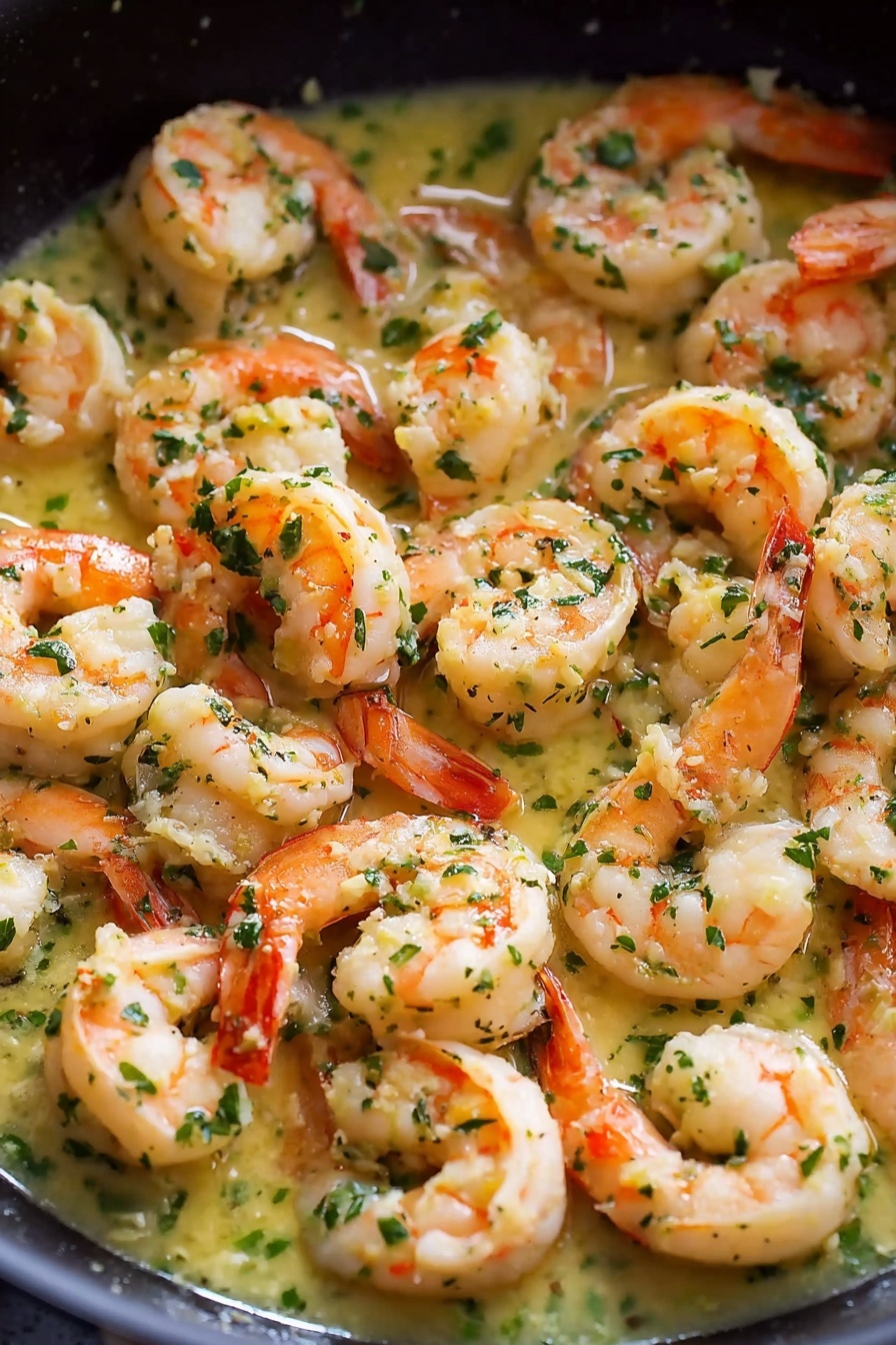 The image shows a close-up of a pan filled with cooked shrimp in a light yellow sauce. The shrimp are pink and white with orange tails, evenly spread within the pan. Small green herb pieces are sprinkled throughout the shrimp and sauce, adding specks of color. The sauce looks smooth and slightly thick, coating the shrimp gently. The pan is round and the food fills the frame with no background visible. photo taken with an iphone --ar 2:3 --v 7 - Garlic Shrimp Scampi with Herb Sauce, Shrimp Scampi, Garlic Shrimp Recipes, Seafood Dinner Ideas, Easy Shrimp Recipes