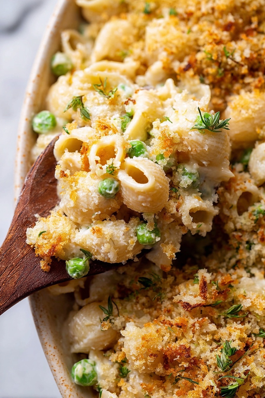 The image shows a close-up of a pasta dish with three main layers. The bottom layer consists of small pasta shells mixed with light green peas and small pieces of celery, all coated in a creamy white sauce. On top of this sits a layer of golden-brown crispy breadcrumbs that cover the pasta evenly, giving it a crunchy texture with some toasted spots. Small green herb pieces are scattered throughout the dish, adding a touch of color. A wooden spoon lifts a portion of the pasta, clearly showing the creamy and crunchy mix. The whole dish is set against a surface with a white marbled texture. photo taken with an iphone --ar 2:3 --v 7 - Easy Tuna Noodle Casserole, tuna noodle casserole, cheesy tuna casserole, homemade tuna casserole, quick tuna casserole