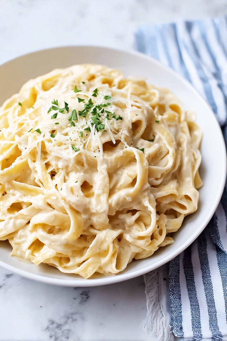 A white bowl filled with creamy fettuccine pasta is placed on a white marbled surface with a folded blue and white striped cloth beside it. The pasta has thick, flat noodles coated evenly with a smooth, light beige sauce. There is a small pile of grated cheese and small green herb leaves sprinkled neatly on top in the center, adding a touch of color. Photo taken with an iphone --ar 2:3 --v 7 - Creamy Fettuccine Alfredo, easy Alfredo pasta, cheesy Alfredo sauce, quick pasta dinner, homemade Alfredo recipe