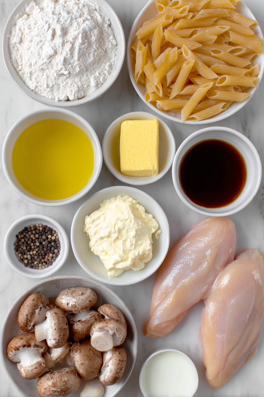 Flat lay of a bundle of uncooked penne pasta, a small white bowl of golden olive oil, a few pats of fresh yellow butter, two whole raw chicken breasts, a small pile of white all-purpose flour, a small white bowl filled with light brown cremini mushrooms, a small white bowl holding deep amber marsala wine, a small white bowl containing light golden chicken broth, a small white bowl of smooth pale yellow Dijon mustard, a small white bowl of creamy heavy whipping cream, a small white bowl with coarse salt crystals, a small white bowl of black peppercorns, a small white bowl with finely grated pale yellow parmesan cheese placed on a clean white marble surface, soft natural light, photo taken with an iPhone, professional food photography style, fresh ingredients, white ceramic bowls, no bottles, no duplicates, no utensils, no packaging --ar 2:3 --v 7 --p m7354615311229779997 - Creamy Chicken Marsala Pasta, Chicken Marsala pasta recipe, easy Chicken Marsala pasta, quick creamy chicken pasta, gourmet chicken pasta dishes