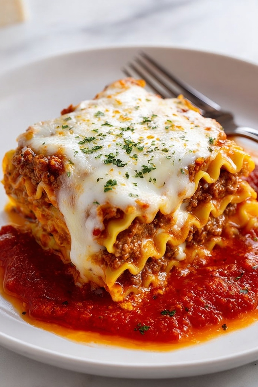 A white rectangular baking dish filled with layered lasagna, showing about four layers of sauce, pasta, and melted cheese. The top is covered with golden, bubbly melted cheese mixed with bits of red tomato sauce and green parsley sprinkled all over. A wooden spatula lifts a square piece from the corner, stretching melted cheese strands. The dish rests on a white marbled surface with a beige cloth nearby, and a white plate holding a slice of bread and a knife with butter is seen to the left. Photo taken with an iphone --ar 2:3 --v 7 - Cheesy Lasagna Roll Ups with Meat Sauce, lasagna roll ups, cheesy meat sauce pasta, cheesy baked pasta recipes, easy lasagna roll ups