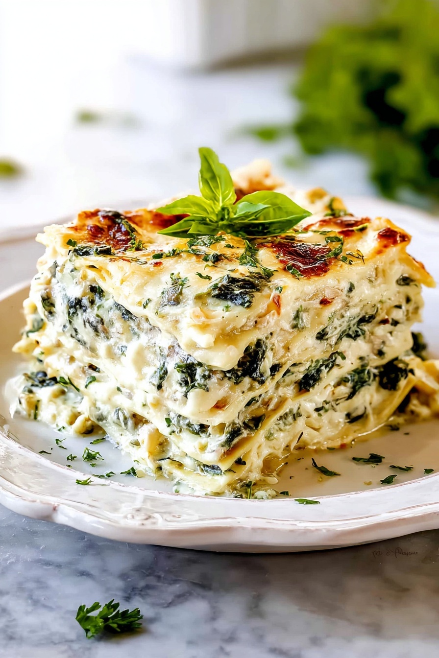 A white baking dish filled with a creamy layered casserole topped with a golden, slightly browned melted cheese crust sprinkled with green herbs. One square piece is lifted by a metal spatula from the dish, showing layers inside that look creamy with green leafy bits mixed throughout. The casserole is divided into long rectangular sections, and small green leaves and chopped herbs are scattered on top. The dish rests on a white marbled surface with a striped cloth beside it. photo taken with an iphone --ar 2:3 --v 7 - Creamy White Chicken Lasagna, white chicken lasagna, chicken lasagna with Alfredo sauce, cheesy chicken lasagna, comforting chicken pasta bake