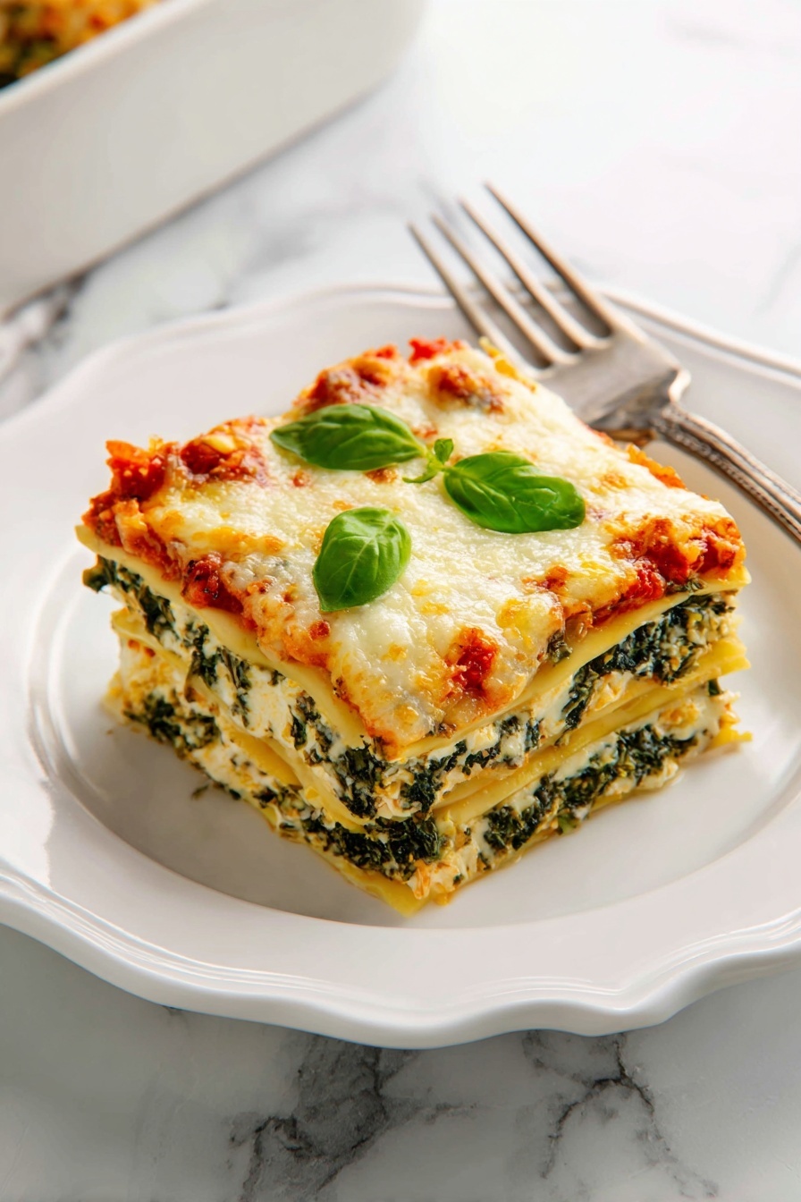 A square piece of lasagna on a white plate with scalloped edges, showing four visible layers: the base and third layers are pasta sheets with smooth, yellowish texture, the second and fourth layers are filled with a creamy, dark green spinach and cheese mixture with a slightly grainy texture, and the top layer is covered in bubbly, melted white cheese with a light golden tint and some red tomato sauce peeking through, garnished with three fresh green basil leaves. A silver fork is placed behind the lasagna piece on the plate, and the setting rests on a white marbled surface. photo taken with an iphone --ar 2:3 --v 7 - Spinach Artichoke Lasagna, vegetarian lasagna, healthy lasagna, comforting veggie lasagna, cheesy spinach and artichoke lasagna