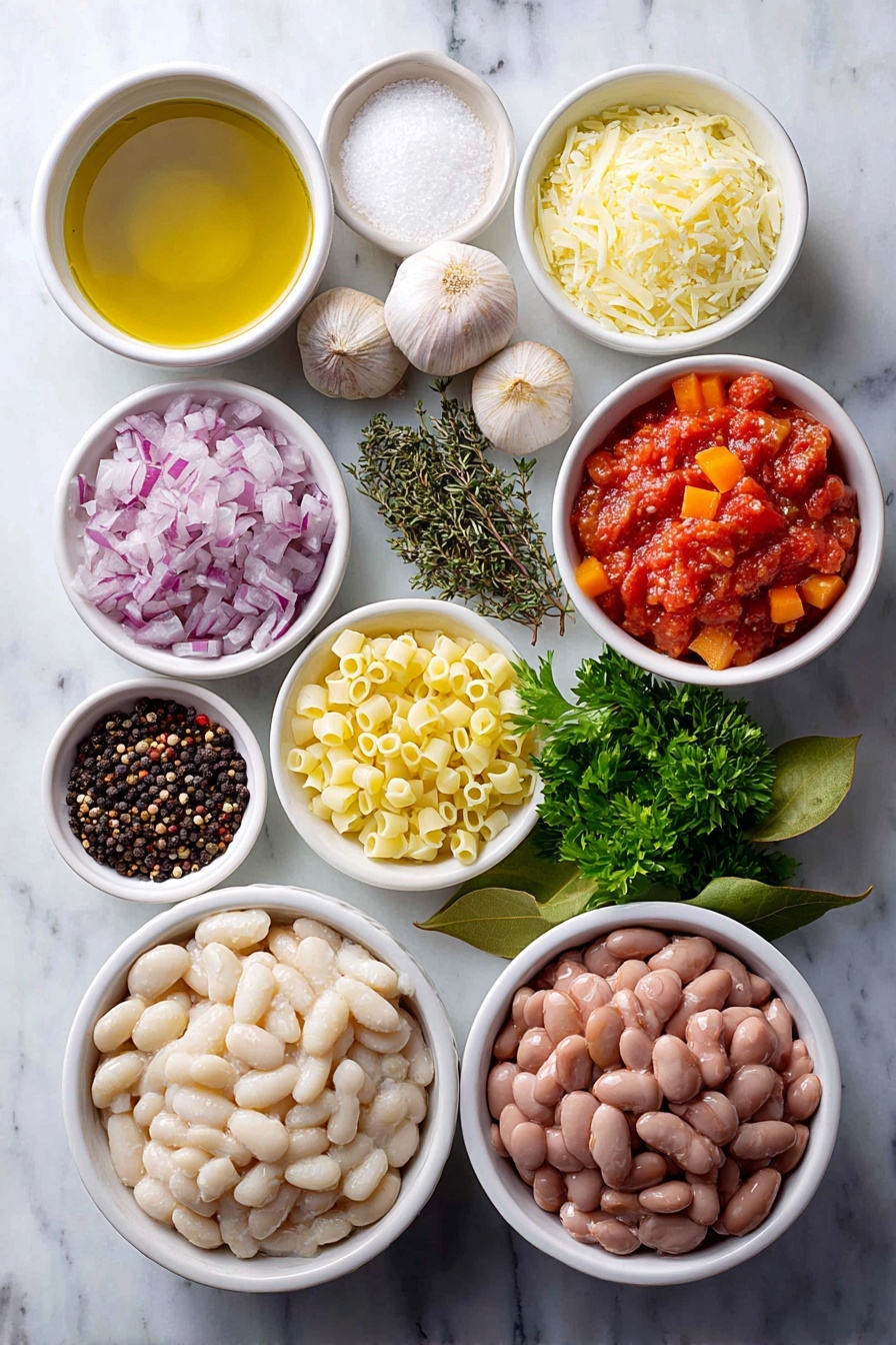 Flat lay of a fresh halved carrot showing vibrant orange flesh, a halved celery stalk with crisp green ribs, a halved white onion revealing its layers, a small pile of thinly sliced pancetta with visible fat marbling, a small mound of cooked cannellini beans creamy white and plump, a small white ceramic bowl filled with pale golden extra virgin olive oil, a small white ceramic bowl containing deep red tomato paste, a small white ceramic bowl holding clear bean cooking water, a small pile of uncooked Ditali rigati pasta tubes with ridges, a white ceramic bowl of coarse white sea salt crystals, and a white ceramic bowl with freshly cracked black peppercorns—each ingredient arranged symmetrically and evenly spaced, placed on a clean white marble surface, soft natural light, photo taken with an iPhone, professional food photography style, fresh ingredients, white ceramic bowls, no bottles, no duplicates, no utensils, no packaging --ar 2:3 --v 7 --p m7354615311229779997 - Creamy Pasta e Fagioli Soup, Italian bean and pasta soup, hearty vegetarian soup, comforting Italian soup, easy pasta e fagioli recipe