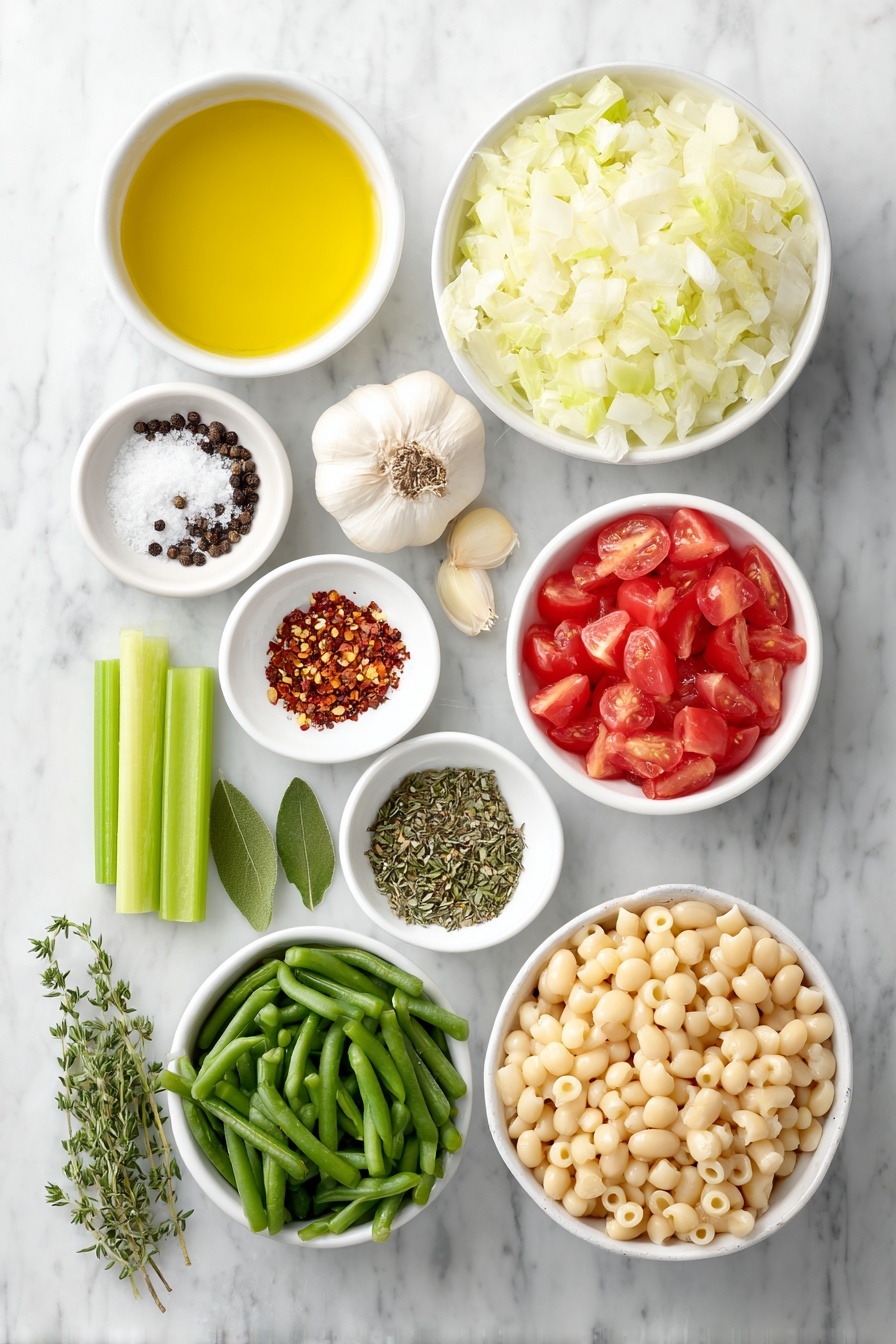Flat lay of a small white ceramic bowl of extra-virgin olive oil, a medium yellow onion diced, two medium chopped carrots, two thinly sliced celery ribs, a small white bowl of sea salt, freshly ground black peppercorns scattered neatly, three whole uncracked garlic cloves, a small white ceramic bowl of diced ripe tomatoes, a small white bowl of cooked white beans, a small pile of chopped fresh green beans, two fresh bay leaves, a small white bowl of dried oregano, a small white bowl of dried thyme, a small white bowl of small pasta (such as ditalini), a small white bowl of chopped fresh parsley, a small white bowl of red pepper flakes, and a small white bowl of grated Parmesan cheese, all ingredients fresh and natural, arranged with perfect symmetry on a clean white marble surface, soft natural light, photo taken with an iPhone, professional food photography style, fresh ingredients, white ceramic bowls, no bottles, no duplicates, no utensils, no packaging --ar 2:3 --v 7 --p m7354615311229779997 - Hearty Vegetarian Minestrone Soup, vegetarian soup recipes, healthy minestrone, easy vegetable soup, comforting vegetarian meal