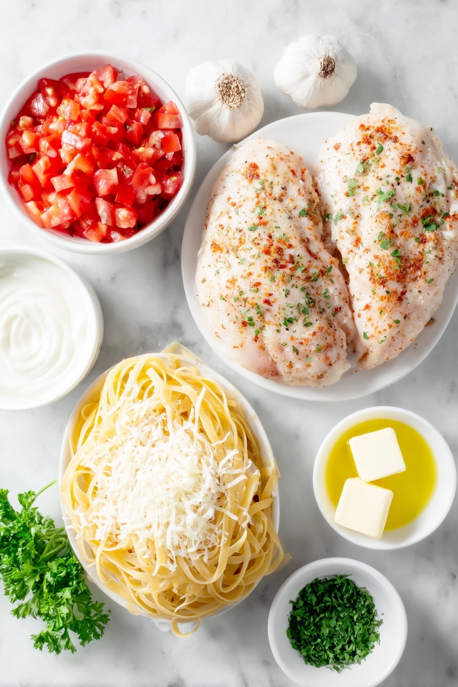 Flat lay of a small bundle of uncooked linguine pasta, two boneless skinless chicken breasts seasoned with Cajun spice, a few garlic cloves peeled and whole, a small white ceramic bowl filled with diced fresh tomatoes, a small white bowl holding creamy heavy whipping cream, a small white bowl with grated parmesan cheese, a small white bowl containing unsalted butter cubes, a small white bowl with golden olive oil, and a few sprigs of fresh parsley finely chopped placed on a clean white marble surface, soft natural light, photo taken with an iPhone, professional food photography style, fresh ingredients, white ceramic bowls, no bottles, no duplicates, no utensils, no packaging --ar 2:3 --v 7 --p m7354615311229779997 - Creamy Cajun Chicken Pasta, Cajun Chicken Pasta, easy Cajun pasta recipe, spicy creamy chicken pasta, quick weeknight dinner