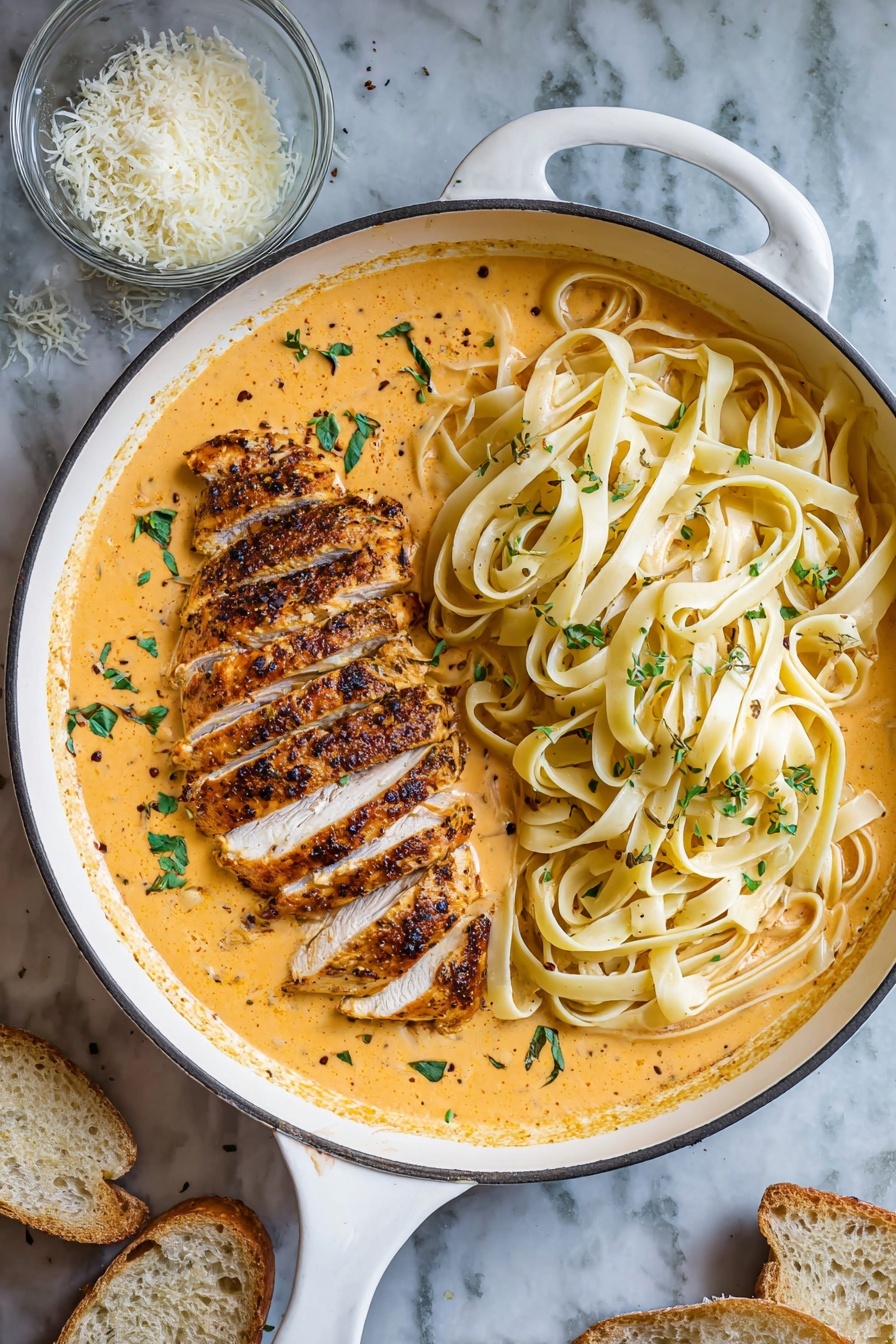 A white pan holds a creamy orange sauce spread as the base layer, covering the pan's bottom. On top, two neat piles of pale yellow fettuccine noodles are placed on the right side, with a slightly glossy texture and visible black pepper specks. On the left side, there are two sliced pieces of browned, seasoned grilled chicken with a slightly charred surface, laid side by side. Small green herb leaves are scattered over the chicken, pasta, and sauce. Next to the pan, on the white marbled surface, there is a small clear bowl with white grated cheese and some cheese crumbs sprinkled nearby, along with two slices of light brown bread on the corner. Photo taken with an iphone --ar 2:3 --v 7 - Creamy Cajun Chicken Pasta, Cajun Chicken Pasta, easy Cajun pasta recipe, spicy creamy chicken pasta, quick weeknight dinner