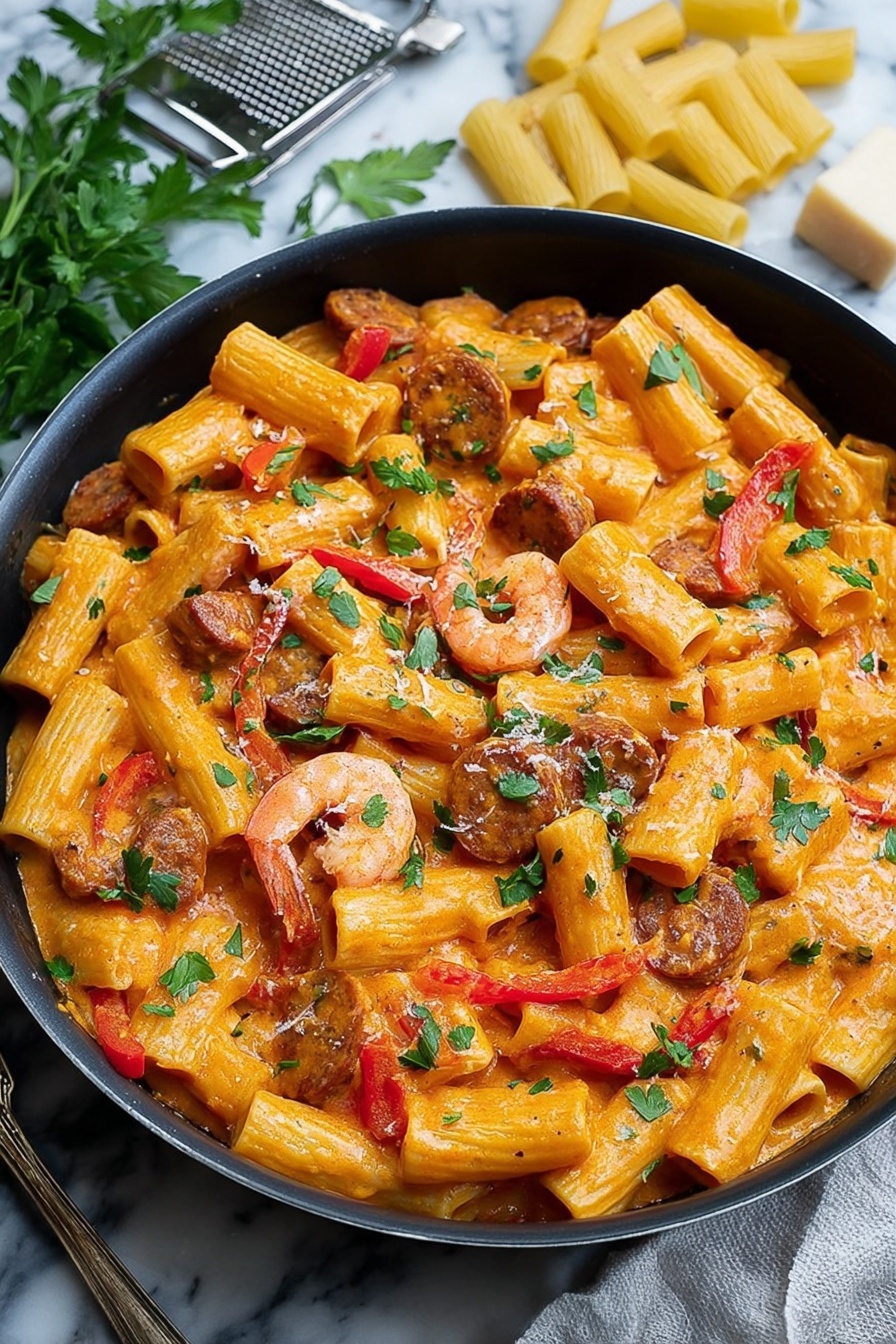 A black pan holds a creamy orange pasta dish with three main layers. The base layer is made of rigatoni pasta coated in a smooth orange sauce. Mixed into this are small pink shrimp and browned sausage pieces adding texture. Bright red bell pepper chunks and green parsley leaves are scattered on top for color and freshness. The pan is set on a white marbled surface with a small pile of plain rigatoni pasta, fresh parsley, a metal grater, and a block of cheese visible nearby. photo taken with an iphone --ar 2:3 --v 7 - Cajun Shrimp and Sausage Pasta, Cajun Shrimp Pasta, Spicy Shrimp and Sausage Pasta, Easy Cajun Pasta, Quick Seafood Pasta