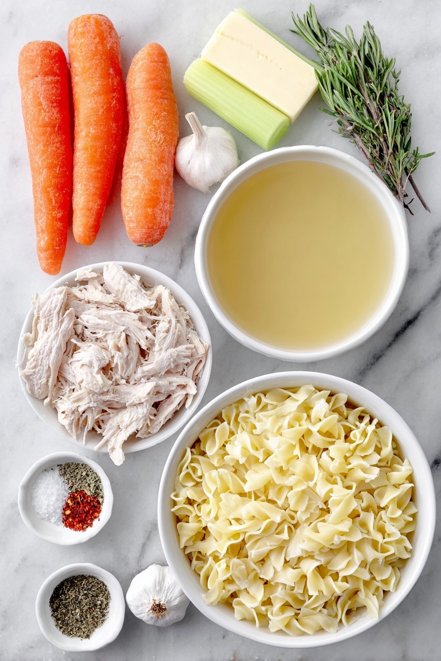 Flat lay of a small pat of butter, two fresh celery ribs with leaves, three large bright orange carrots, one clove of garlic unpeeled, a small white bowl of golden chicken stock, a small white bowl of coarse salt, a small white bowl of freshly ground black pepper, a small white bowl with dried rosemary, a small white bowl with dried thyme, a small white bowl with crushed red pepper flakes, a neat pile of homemade egg noodles, a small heap of shredded rotisserie chicken meat, placed on a clean white marble surface, soft natural light, photo taken with an iPhone, professional food photography style, fresh ingredients, white ceramic bowls, no bottles, no duplicates, no utensils, no packaging --ar 2:3 --v 7 --p m7354615311229779997 - Homemade Chicken Noodle Soup, homemade chicken noodle soup, comforting chicken noodle soup, easy chicken noodle soup, best chicken noodle soup