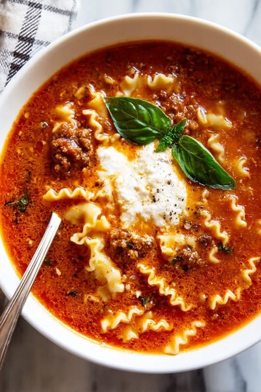 A white bowl filled with rich, red tomato soup that has visible pieces of soft lasagna noodles, browned ground meat, and melted white cheese on top, giving a creamy texture; there is a bright green basil leaf on one side of the bowl for garnish. A silver spoon lifts a portion of soup showing layers of noodles, meat, and melted cheese mixed together. The bowl sits on a white marbled surface with a light blue cloth partially visible under the bowl, photo taken with an iphone --ar 2:3 --v 7 - Lasagna Soup with Cheese and Spinach, Italian lasagna soup, cheesy spinach soup, quick lasagna-inspired soup, hearty Italian soup