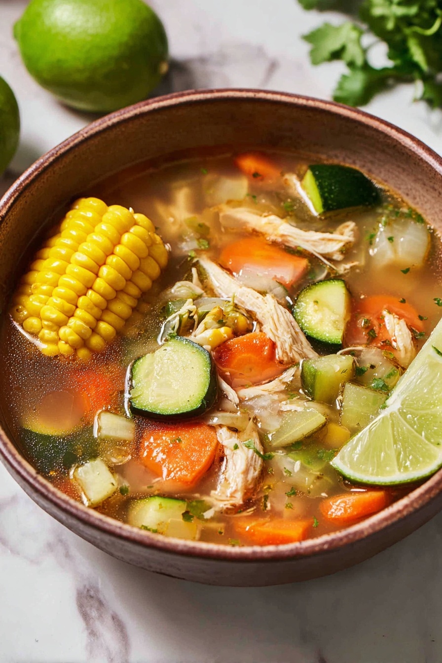 The image shows two white bowls filled with a colorful chicken and vegetable soup placed on a white marbled surface. The soup has visible layers including orange carrot slices, bright yellow corn on the cob pieces, green zucchini chunks, and shredded white chicken pieces immersed in a light brown broth. A spoon rests inside the bowl on the left. Around the bowls, there are lime wedges, a small bunch of fresh green cilantro, a small white bowl of orange seasoned rice, and a bottle of hot sauce with a red cap. The scene is bright and fresh with the white marbled surface enhancing the vivid colors of the food photo taken with an iphone --ar 2:3 --v 7 - Authentic Chicken Caldo, Mexican Chicken Soup, Homemade Chicken Caldo, Hearty Mexican Soup, Traditional Chicken Caldo