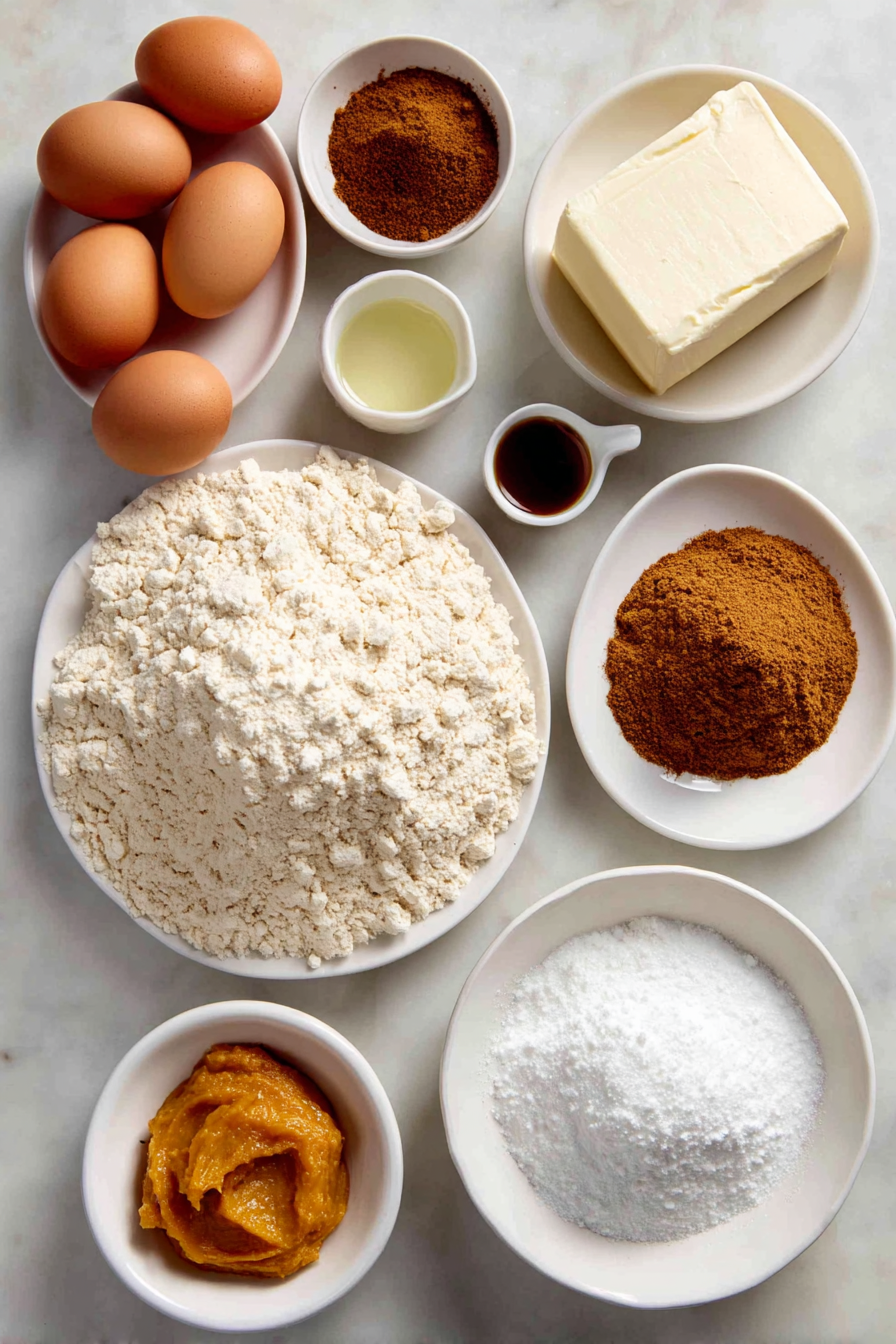 Flat lay of a small mound of pale beige all-purpose flour on a simple white ceramic plate, a pile of ground cinnamon and pumpkin pie spice on a plain white ceramic dish, two white ceramic bowls holding light golden vegetable oil and rich amber pure maple syrup, three large brown eggs with clean uncracked shells arranged neatly, a small white bowl filled with packed dark brown sugar alongside a small white bowl with granulated white sugar, a smooth dollop of vibrant orange pumpkin puree on a white ceramic plate, a block of creamy off-white brick cream cheese on a white ceramic dish, a chunk of pale yellow unsalted butter on a simple white ceramic plate, a small white bowl filled with fine white confectioners’ sugar, and a small white ceramic bowl with pure vanilla extract, all placed on a clean white marble surface, soft natural light, photo taken with an iPhone, professional food photography style, fresh ingredients, white ceramic bowls, no bottles, no duplicates, no utensils, no packaging --ar 2:3 --v 7 --p m7354615311229779997 - Delicious Pumpkin Bars with Cream Cheese Frosting, pumpkin bars recipe, fall dessert recipes, pumpkin spice bars, easy pumpkin dessert