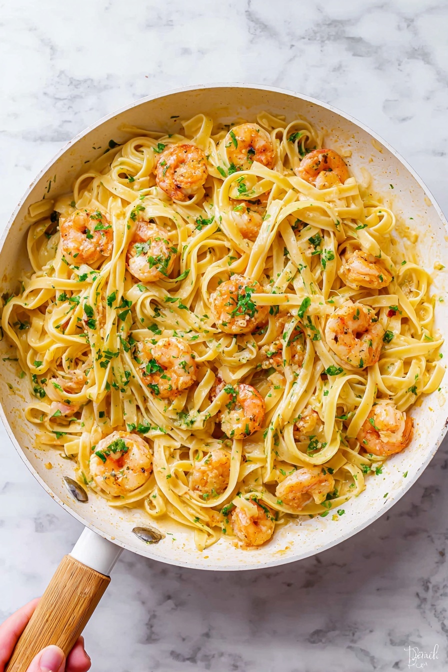 A white pan with a light wooden handle holds creamy yellow fettuccine pasta mixed with orange shrimp scattered evenly throughout. The pasta and shrimp are lightly coated in a glossy sauce, and small bits of chopped green parsley are sprinkled over the top, adding freshness and color contrast. The pan is placed on a white marbled surface, and a woman's hand can be seen lightly holding the handle from the bottom left corner. photo taken with an iphone --ar 2:3 --v 7 - Creamy Garlic Shrimp Pasta, Shrimp Pasta Recipe, Garlic Shrimp Pasta, Easy Creamy Shrimp Pasta, Quick Seafood Pasta