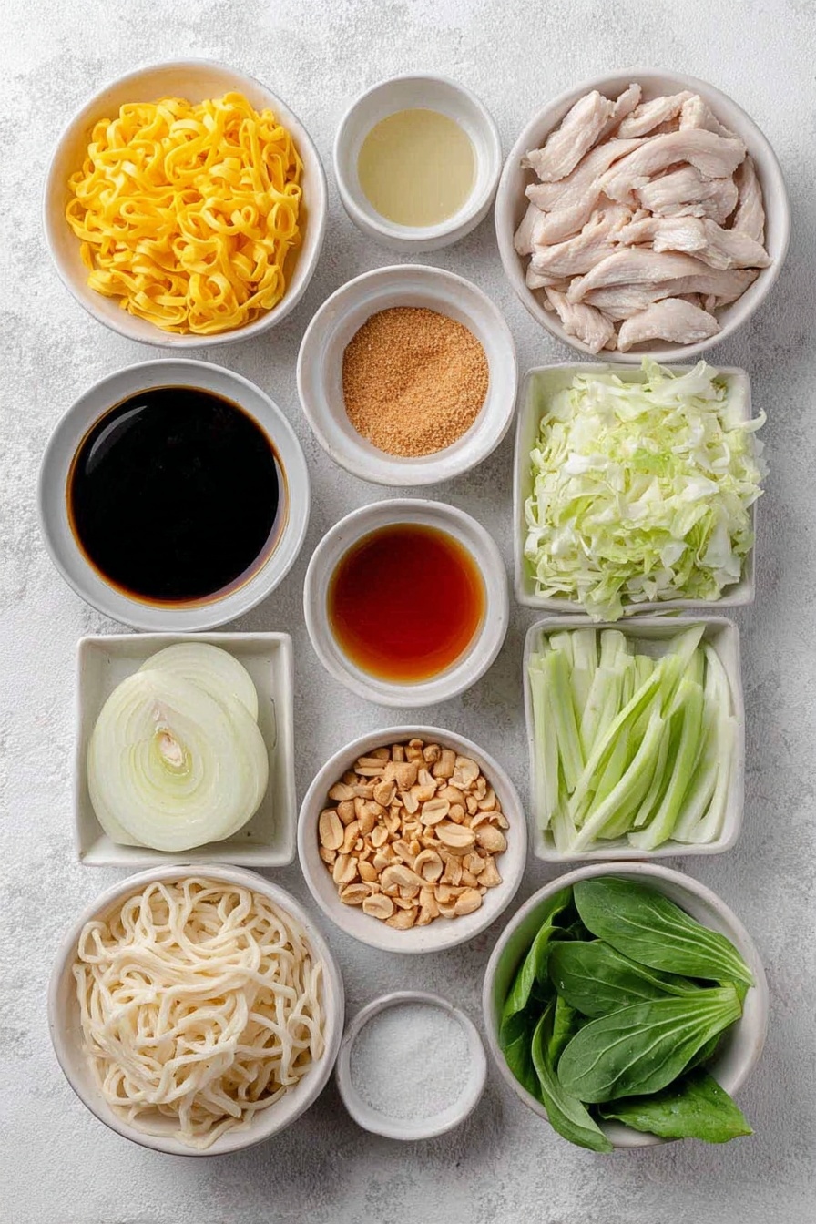 Flat lay of a small white bowl of oyster sauce, a small white bowl of light soy sauce, a small white bowl of dark soy sauce, a small white bowl of rice wine vinegar, a small white bowl of fish sauce, a small white bowl of brown sugar, a small white bowl of water, a neat pile of dried wide rice noodles, a small white bowl of sesame oil, thinly sliced raw chicken breast arranged neatly, a halved brown onion with one half sliced into rings, a small pile of freshly grated garlic, julienned carrot sticks, shredded bok choy leaves, four sliced spring onion stems, a small bunch of fresh Thai basil leaves, and a small white bowl of crushed roasted peanuts placed symmetrically in a balanced layout on a clean white marble surface, soft natural light, photo taken with an iPhone, professional food photography style, fresh ingredients, white ceramic bowls, no bottles, no duplicates, no utensils, no packaging --ar 2:3 --v 7 --p m7354615311229779997 - Chicken Drunken Noodles, easy Thai chicken noodles, spicy stir-fry recipes, quick weeknight dinners, flavorful rice noodle dishes