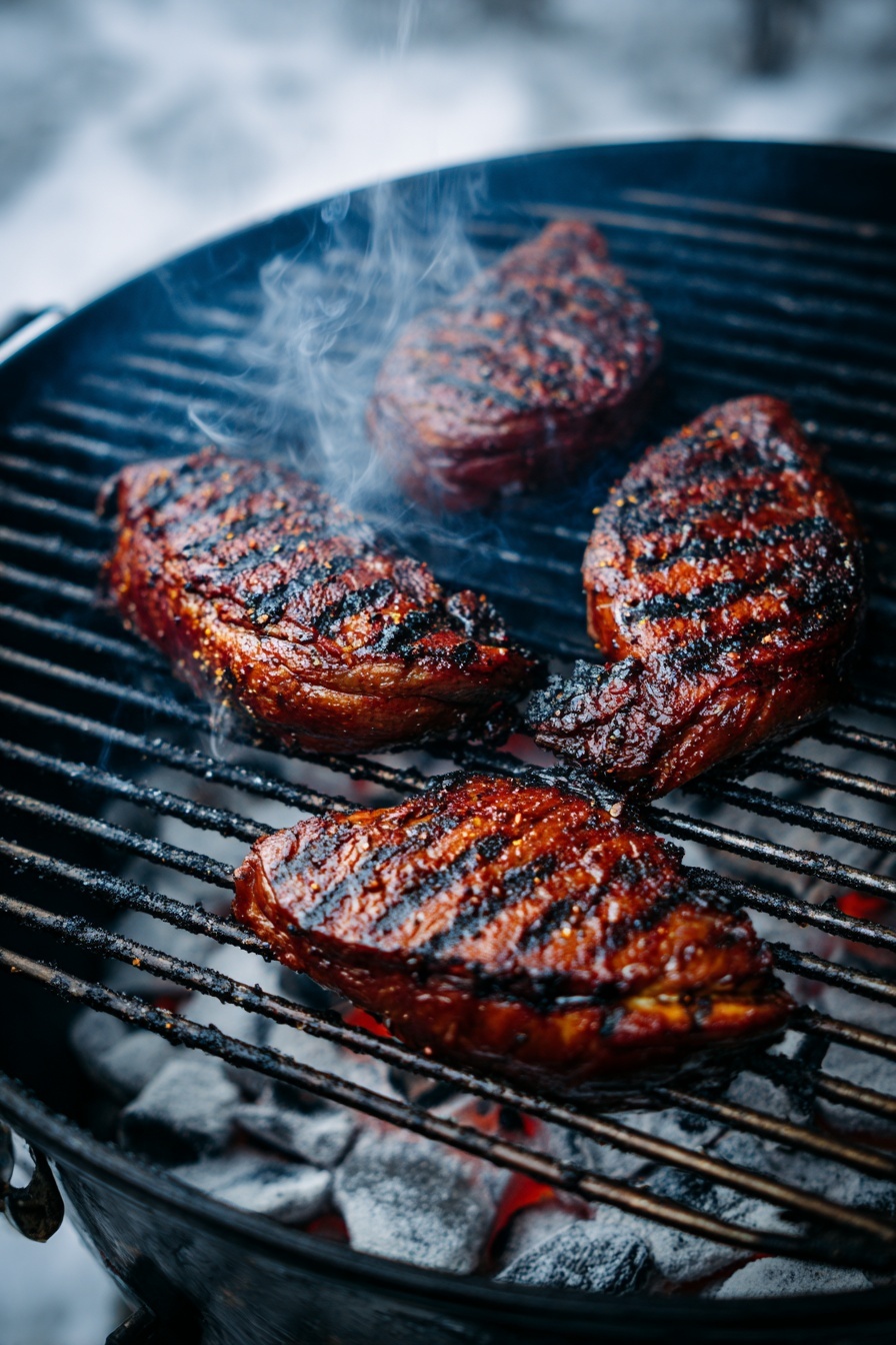 Four pieces of grilled meat with dark char marks and glossy, caramelized surfaces sit on a black metal grill over white-gray charcoal. The meat pieces have a rich brown color with some blackened areas, showing a mix of crispy and juicy textures. Thin wisps of smoke rise from the grill, adding to the sense of heat and cooking. The background consists of a white marbled texture beneath the grill. photo taken with an iphone --ar 2:3 --v 7 - Grilled Wild Duck Breast, Wild Duck Breast marinade, wild game poultry recipes, easy grilled duck, flavorful game bird recipes