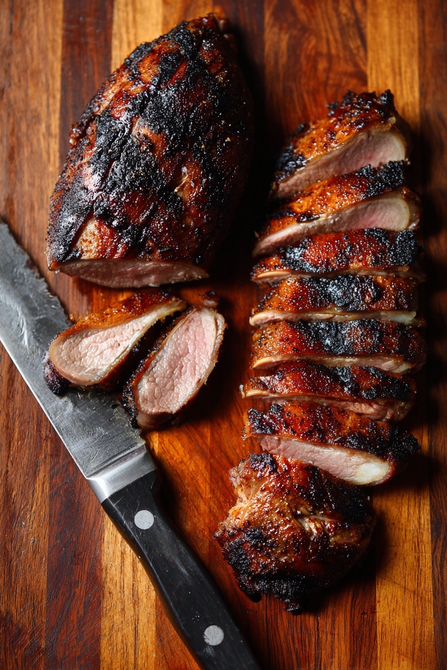 The image shows two large pieces of grilled meat with dark, crispy, and slightly charred skin placed on a wooden cutting board. One piece is whole, oval-shaped, and the other is sliced into six thick pieces arranged closely in a line, revealing juicy, pinkish inside with a tender texture. A sharp silver knife with a black handle lies beside the sliced meat on the left side. The wood grain of the cutting board runs horizontally beneath the meat and knife. photo taken with an iphone --ar 2:3 --v 7 - Grilled Wild Duck Breast, Wild Duck Breast marinade, wild game poultry recipes, easy grilled duck, flavorful game bird recipes