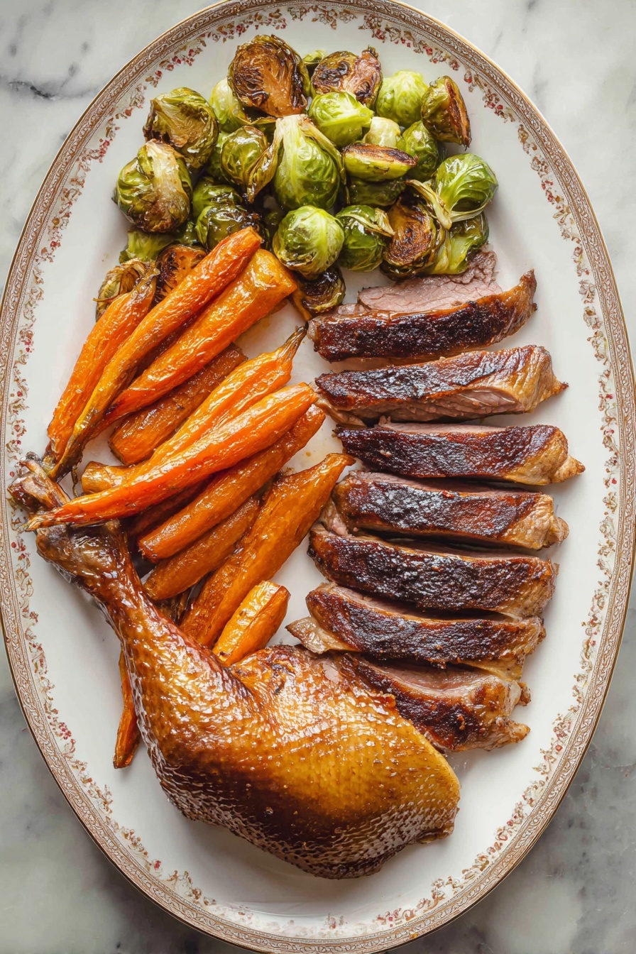 A large white oval plate with a thin gold and floral patterned rim holds a meal arranged in three main sections: on the left, several roasted carrots that are bright orange with a soft texture and halved Brussels sprouts that are green and slightly charred on the cut side, placed next to each other; on the right side, six slices of dark brown roasted meat with a crisp, caramelized outer layer and tender interior arranged in a neat row; and at the bottom, a piece of golden-brown roasted poultry with crispy skin visible on the leg and thigh. The whole plate rests on a white marbled surface. photo taken with an iphone --ar 2:3 --v 7 - Roast Christmas Goose with Gravy, Christmas goose recipe, holiday roasted goose, crispy skin goose, festive roast goose with gravy