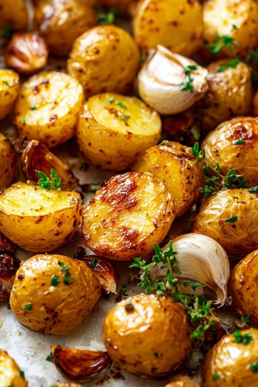 The image shows golden brown, crispy roasted small potatoes stacked in layers on a white marbled surface. The top layer features a small potato pierced by the prongs of a silver fork, with a small sprig of green herb on it. Surrounding the potatoes are whole garlic cloves with a slightly wrinkled texture and sprigs of fresh green herbs scattered around. The overall colors are warm golden yellows and browns, with shiny and textured skin on the potatoes. photo taken with an iphone --ar 2:3 --v 7 - Oven-Roasted Garlic Potatoes, crispy garlic potatoes, easy roasted potato side dish, flavorful potato recipes, garlicky roasted potatoes