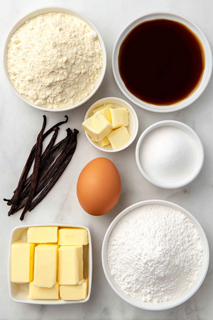 Flat lay of a small mound of all-purpose flour, a small heap of granulated sugar, a small heap of confectioners’ sugar, one whole large brown egg, a few sprigs of fresh vanilla beans, a small curl of unsalted butter, a small white bowl of light corn syrup, a small white bowl of water, a small white bowl of baking powder, a small white bowl of salt, placed on a clean white marble surface, soft natural light, photo taken with an iPhone, professional food photography style, fresh ingredients, white ceramic bowls, no bottles, no duplicates, no utensils, no packaging --ar 2:3 --v 7 --p m7354615311229779997 - Christmas Sugar Cookies with Easy Icing, holiday sugar cookie recipe, festive Christmas cookies, simple icing sugar cookies, easy holiday cookie ideas