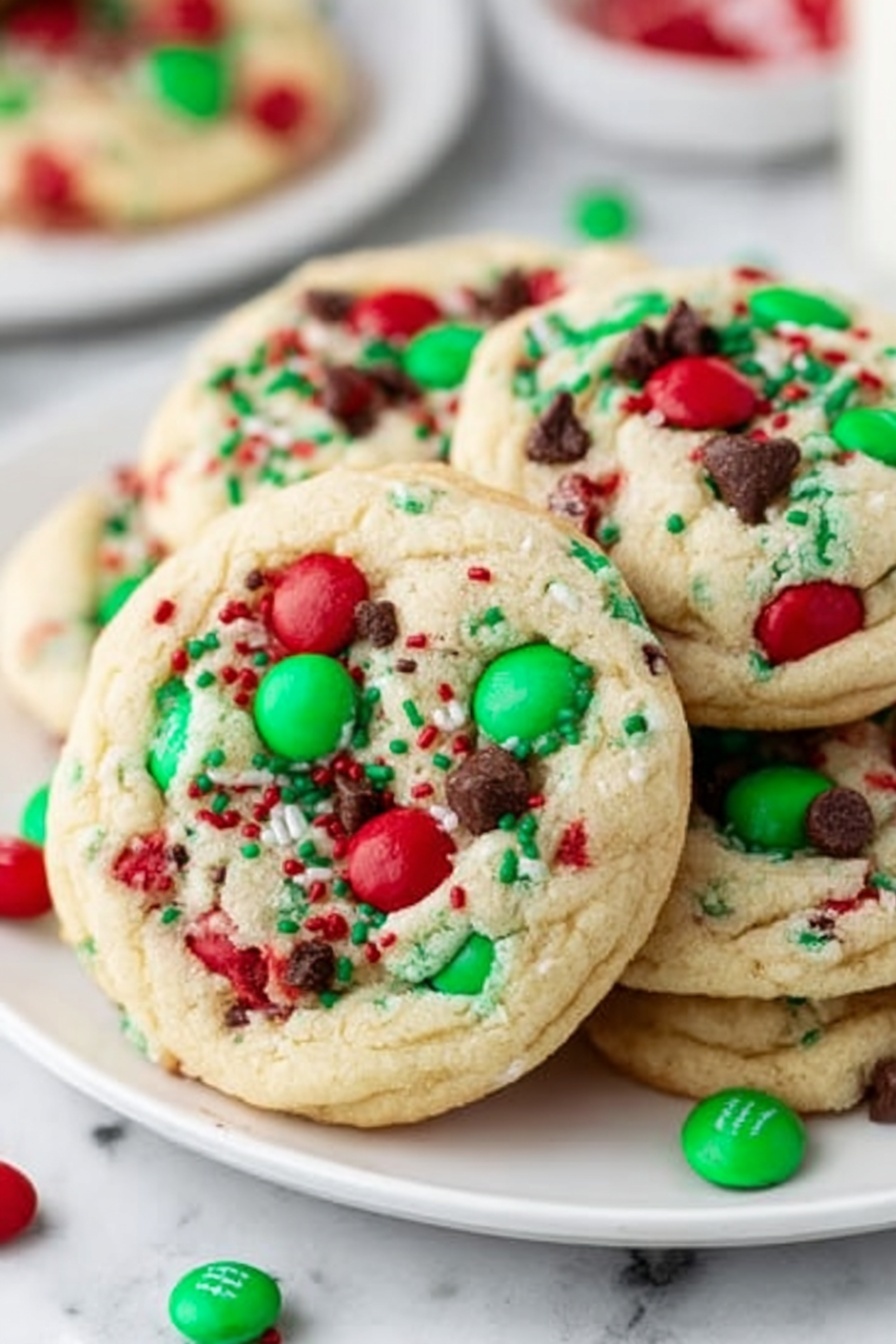 A white plate holds a stack of round cookies with a light golden color. Each cookie is topped with bright red and green candy pieces scattered around, along with small dark brown chocolate bits and tiny green and red sprinkles adding texture. The cookies look soft with slightly cracked surfaces, and a few green and red candies have fallen onto the white marbled surface below. photo taken with an iphone --ar 2:3 --v 7 - Chewy M&M Christmas Cookies, festive holiday cookies, easy Christmas cookie recipes, colorful holiday treats, soft chewy cookie ideas