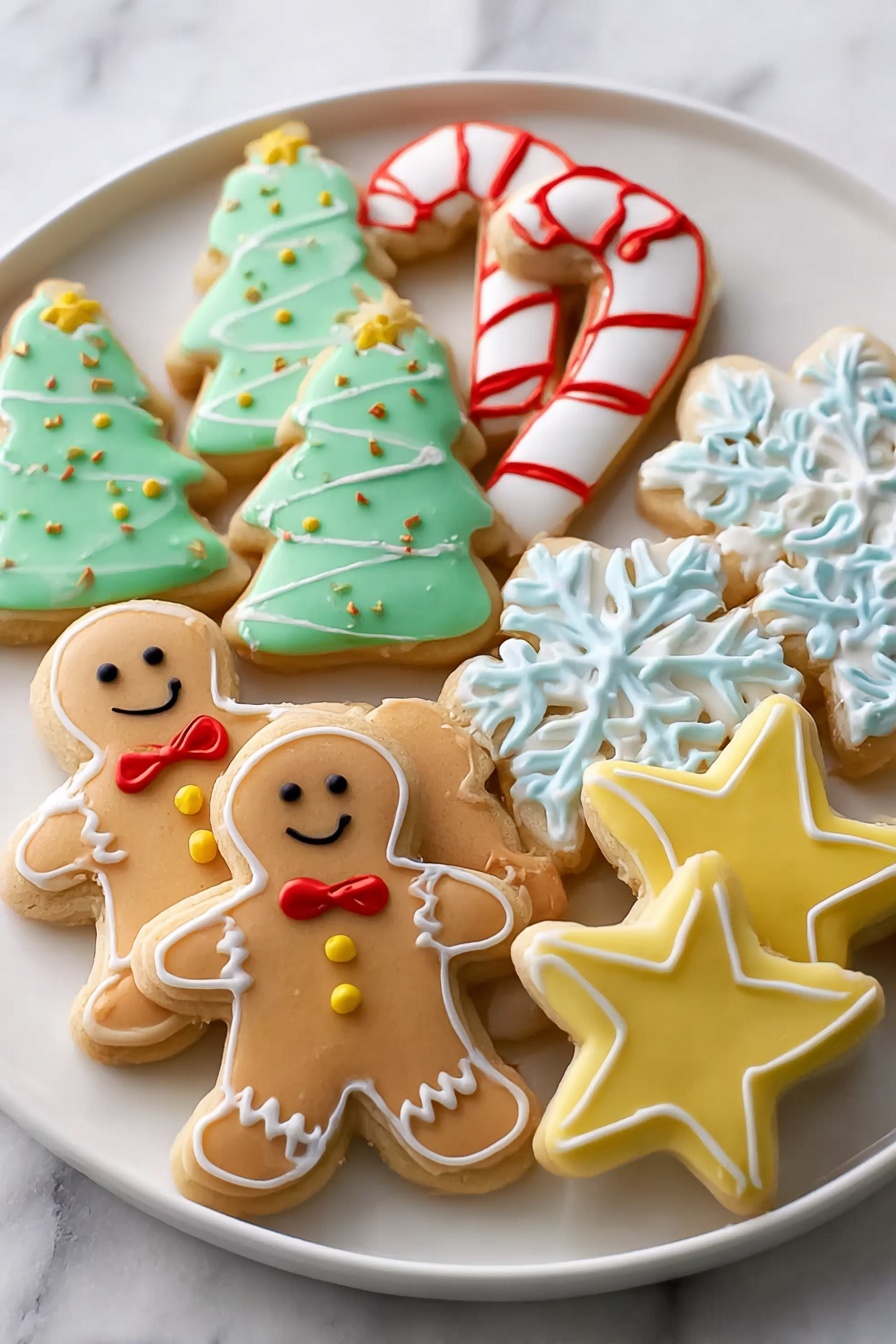A white plate holds a colorful set of Christmas cookies placed on a white marbled surface. There are three gingerbread-shaped cookies in front, each covered in light brown icing with small yellow buttons and a tiny red bow tie, smiling faces drawn with black icing. Behind them are five Christmas tree cookies with light and dark green icing, small white dots, yellow stars on top, and brown trunks at the base. On the back row, two candy cane cookies have red and white stripes, next to three snowflake cookies decorated with white and blue icing showing delicate snowflake patterns, and a yellow star-shaped cookie with smooth yellow icing fills the far right side. The cookies are arranged close together, showing a variety of shapes and detailed icing designs. photo taken with an iphone --ar 2:3 --v 7 - Soft Christmas Cookies, Christmas Cookie Recipe, Tender Holiday Cookies, Easy Xmas Cookies, Festive Soft Cookies