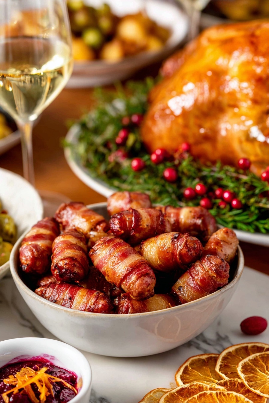 A white bowl filled with about two layers of small sausages wrapped tightly in shiny, crispy reddish-brown bacon, neatly piled inside. The sausages look juicy with a slight gloss from cooking, showing some charred spots. In the blurry background, there is a white rectangular plate with a roasted golden brown bird surrounded by fresh green herbs and bright red berries. The table underneath has a warm wooden tone with some dried orange slices and a glass of pale yellow drink nearby, all set on a white marbled surface photo taken with an iphone --ar 2:3 --v 7 - Honey Glazed Bacon-Wrapped Sausages, bacon wrapped sausages, savory sausage appetizers, easy bacon-wrapped snacks, party appetizer recipes