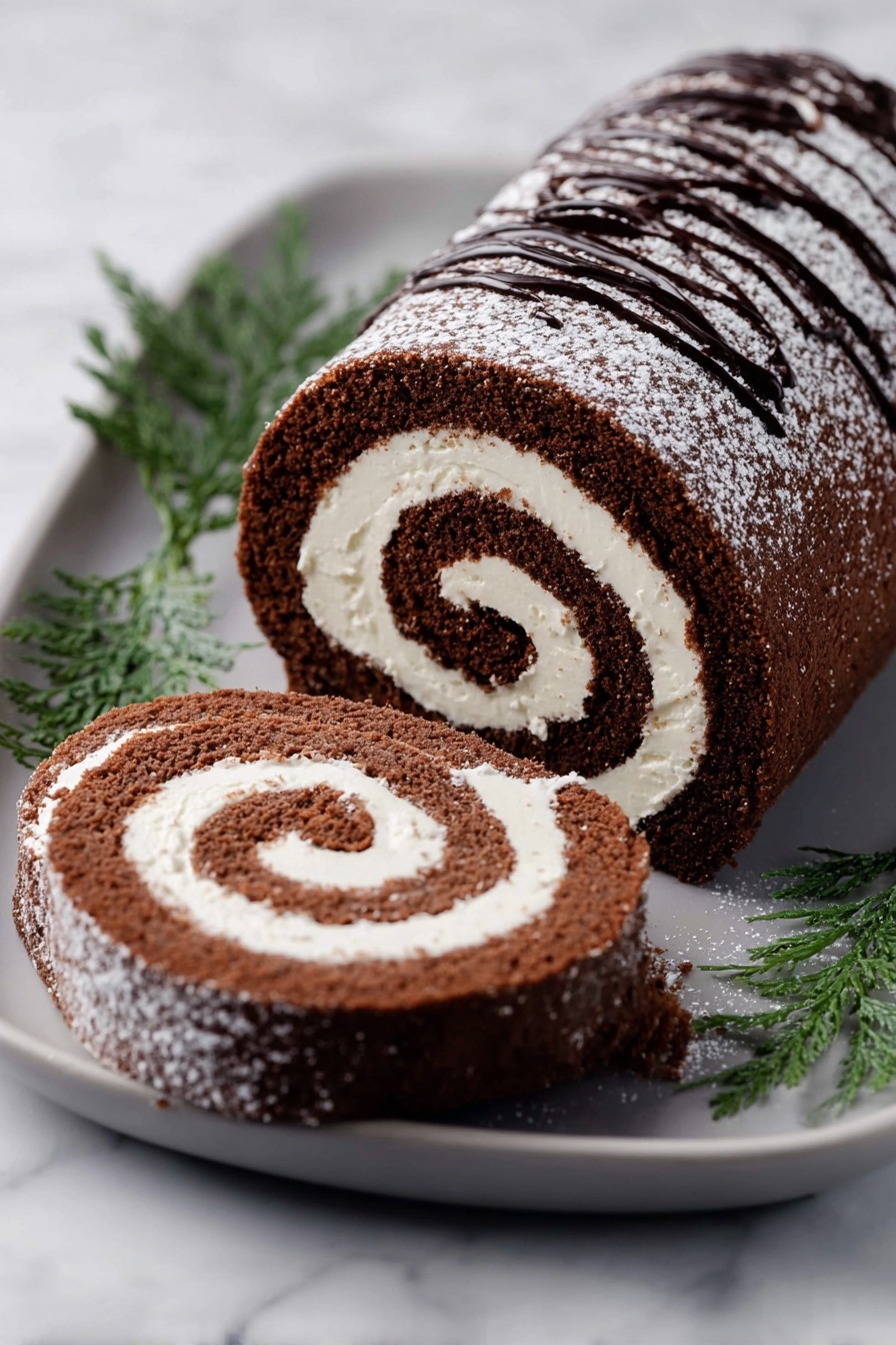 A chocolate roll cake sits on a white plate, showing two layers: the outer layer of soft, dark brown chocolate sponge cake with a light dusting of powdered sugar and dark chocolate drizzle on top, and the inner layer of thick, smooth white cream rolled in a spiral pattern with the cake. Two slices are cut from the roll and placed in front, revealing the swirl shape clearly. Some green leaves are placed around the cake for decoration on the plate, which rests on a white marbled surface. photo taken with an iphone --ar 2:3 --v 7 - Chocolate Cake Roll with Chestnut Whipped Cream, chocolate chestnut cake, elegant chocolate dessert, rolled chocolate cake recipe, festive chestnut cake