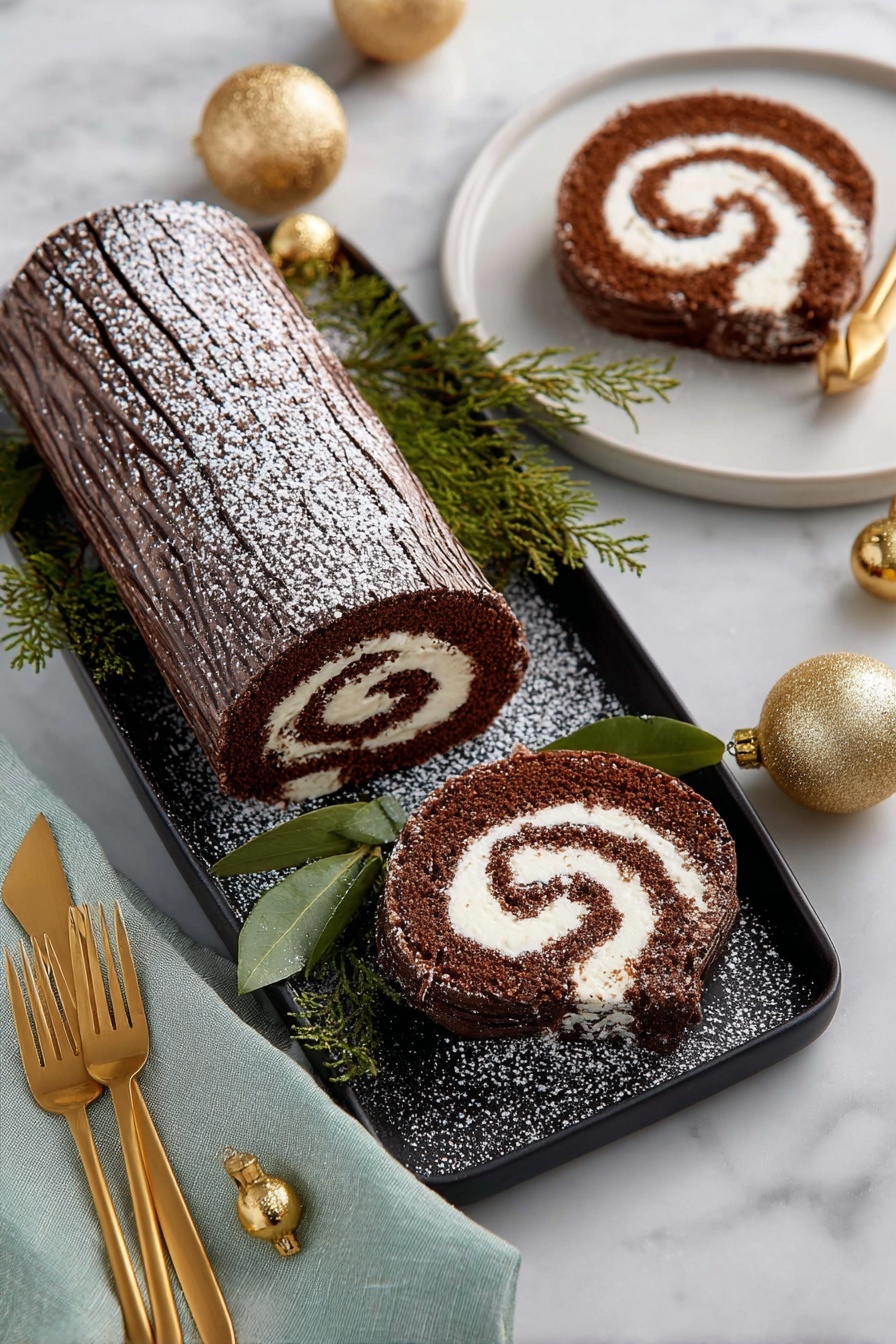 A chocolate roll cake with a dark brown outer layer that has a wood-grain pattern in dark chocolate lines and is dusted lightly with powdered sugar. The roll is cut to show two slices on a white plate, revealing a swirl pattern of creamy white filling inside the soft cake. The whole roll and slices rest on a black rectangular plate with green leaves as decoration, placed on a white marbled surface. Nearby, two golden forks lay crossed on a light green cloth next to the white plate holding the slices. There are shiny gold Christmas ornaments on the surface for a festive look. Photo taken with an iphone --ar 2:3 --v 7 - Chocolate Cake Roll with Chestnut Whipped Cream, chocolate chestnut cake, elegant chocolate dessert, rolled chocolate cake recipe, festive chestnut cake