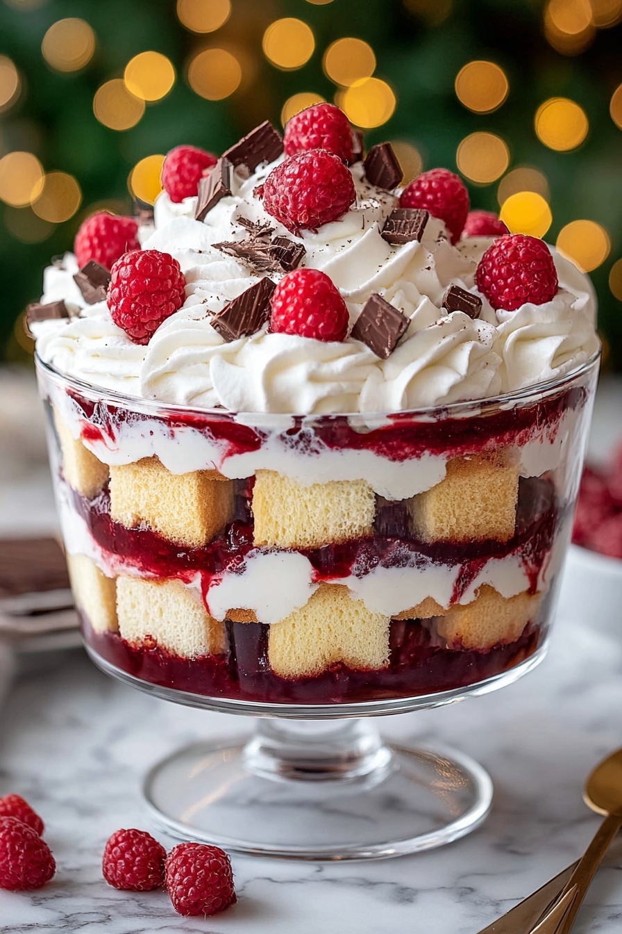 This dessert has five visible layers in a clear glass bowl on a white marbled surface. The bottom layer is a thick, dark red raspberry sauce with small seeds. Above it is a layer of small light yellow sponge cake cubes. On top of the cake pieces is a thick layer of white whipped cream. Next is another layer of raspberry sauce with sponge cake cubes placed above it. Then, a thick layer of white whipped cream with swirls is on top. The dessert is finished with bright red whole raspberries and small pieces of dark chocolate scattered over the whipped cream. The background is blurred with green and yellow lights. Photo taken with an iphone --ar 2:3 --v 7 - Cream Cheese Raspberry Trifle, raspberry trifle dessert, no-bake raspberry dessert, layered raspberry trifle, easy berry trifle