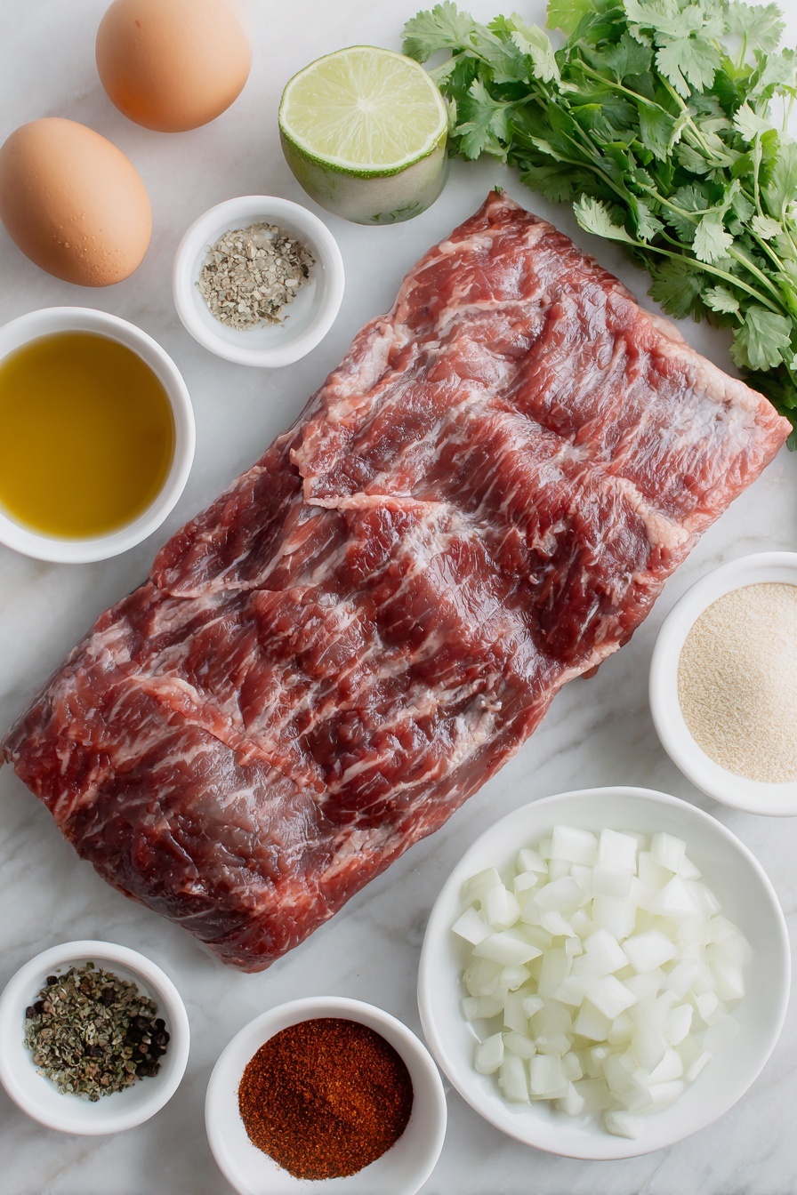 Flat lay of a whole raw flank steak with deep red color and marbling, a small white bowl of golden oil, a small white bowl of bright red chili powder, a small white bowl of pale beige onion powder, two whole uncracked brown eggs, a lime cut in half showing juicy green flesh, a bunch of fresh green cilantro sprigs, a bunch of fresh dark green parsley sprigs, half a white onion diced neatly on a small white plate, a small white bowl of coarse salt crystals, a small white bowl of black peppercorns, a small white bowl of minced garlic cloves, a small white bowl of mixed Italian seasoning with green and brown herbs, a small white bowl of crushed red pepper flakes, a small white bowl of red wine vinegar with a rich ruby hue, all arranged in perfect symmetry on a simple white ceramic surface placed on a clean white marble surface, soft natural light, photo taken with an iPhone, professional food photography style, fresh ingredients, white ceramic bowls, no bottles, no duplicates, no utensils, no packaging --ar 2:3 --v 7 --p m7354615311229779997 - Flank Steak with Chimichurri Sauce, flank steak, chimichurri recipe, grilled steak with chimichurri, easy steak dishes