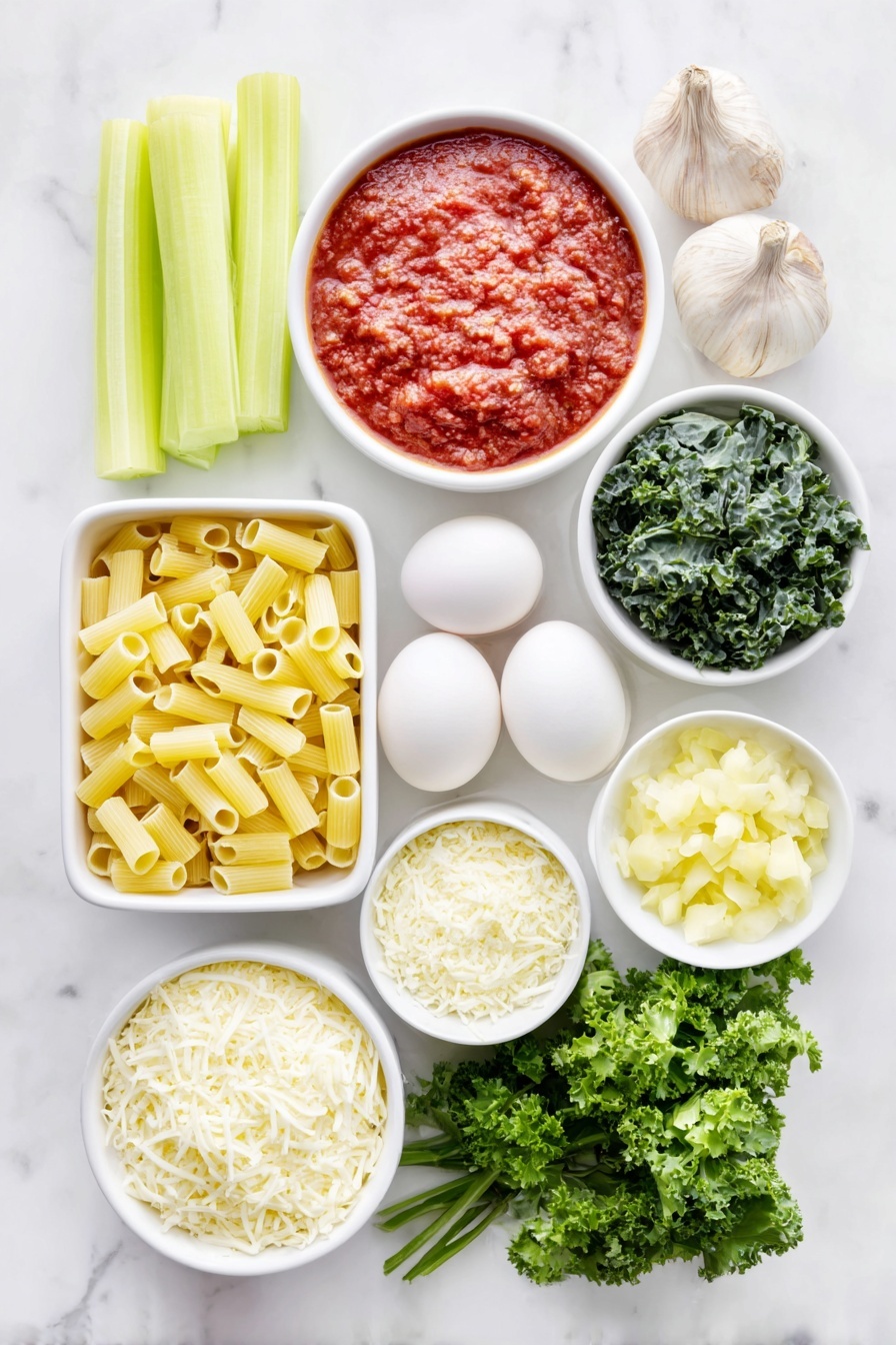 Flat lay of a small white ceramic bowl filled with vibrant red tomato sauce, a chopped fresh carrot with bright orange pieces, two pale green celery stalks cut into small segments, a diced yellow onion with shiny golden pieces, a small bunch of dark green finely chopped lacinato kale leaves, two whole unpeeled garlic cloves, uncooked light yellow dried ziti pasta, a small white ceramic bowl holding soft white ricotta cheese, one whole uncracked brown egg, a small white ceramic bowl with shredded white mozzarella cheese, a small white ceramic bowl with grated pale yellow parmesan cheese, and a few sprigs of bright green fresh parsley, all arranged symmetrically and proportionally, placed on a clean white marble surface, soft natural light, photo taken with an iPhone, professional food photography style, fresh ingredients, white ceramic bowls, no bottles, no duplicates, no utensils, no packaging --ar 2:3 --v 7 --p m7354615311229779997 - Vegetable Baked Ziti with Cheese, baked ziti with vegetables, cheesy pasta bake, healthy baked ziti recipe, vegetarian pasta casserole