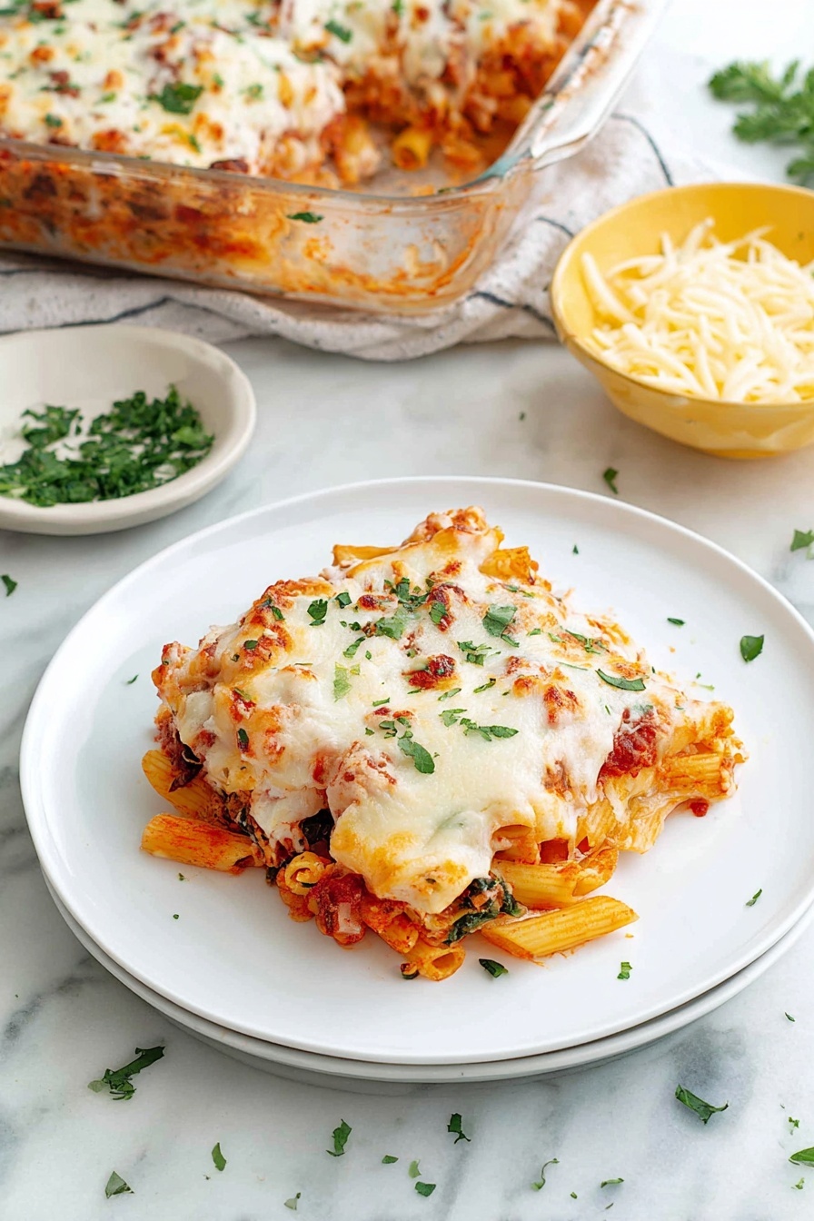 A white plate holds a layered square piece of lasagna with visible layers of red tomato sauce mixed with orange and green vegetables, topped with a melted white cheese layer sprinkled with small green herb pieces. To the top right of the plate is a rectangular glass baking dish filled with more lasagna featuring a thick melted white cheese topping with red sauce and green herbs sprinkled on top. Above the plate, there are two small white bowls; one contains chopped green herbs and the other has shredded pale yellow cheese. Some shredded cheese and herbs are scattered on the white marbled surface around the plate and bowls. Photo taken with an iphone --ar 2:3 --v 7 - Vegetable Baked Ziti with Cheese, baked ziti with vegetables, cheesy pasta bake, healthy baked ziti recipe, vegetarian pasta casserole