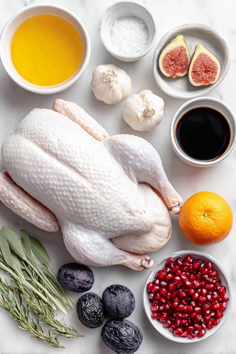 Flat lay of a whole raw duck with natural skin texture, a small mound of coarse salt resting directly on the surface, four halved garlic cloves showing fresh white interiors, two halved shallots displaying their purple layers, a quartered bright orange with vibrant peel, a quartered crisp apple with white flesh, a small heap of dark prunes, a small white ceramic bowl of golden honey, a small white ceramic bowl of dark molasses, a small white ceramic bowl of bright orange juice, a small white ceramic bowl of glossy hoisin sauce, a few whole black peppercorns scattered neatly, a small pile of pale garlic powder, three fresh herb sprigs of sage, rosemary, and tarragon arranged elegantly beside a cluster of glossy deep red pomegranate seeds, two halved figs showing pink interiors with seeds, and a small bunch of fresh green and purple grapes, all placed on a clean white marble surface, soft natural light, photo taken with an iPhone, professional food photography style, fresh ingredients, white ceramic bowls, no bottles, no duplicates, no utensils, no packaging --ar 2:3 --v 7 --p m7354615311229779997 - Crispy Roast Duck with Sweet Glaze, roasted duck with crispy skin, easy crispy duck recipe, sweet glazed roast duck, impressive holiday duck dish