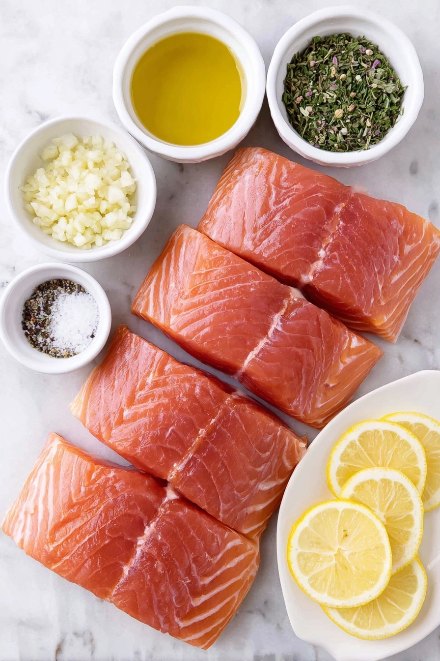 Flat lay of four fresh raw salmon fillets with rich pink flesh arranged symmetrically, a small white ceramic bowl of golden olive oil, a small white ceramic bowl filled with finely minced garlic, a small white ceramic bowl containing cracked black pepper, a small white ceramic bowl of coarse sea salt, a small white ceramic bowl holding a mixed Italian herb seasoning blend with visible dried thyme, parsley, oregano, and basil leaves, one medium bright yellow lemon cut in half, thin lemon slices fanned out on a simple white ceramic plate, all ingredients spaced evenly and balanced, placed on a clean white marble surface, soft natural light, photo taken with an iPhone, professional food photography style, fresh ingredients, white ceramic bowls, no bottles, no duplicates, no utensils, no packaging --ar 2:3 --v 7 --p m7354615311229779997 - Healthy Baked Lemon Garlic Salmon, lemon garlic salmon, healthy salmon dinner, quick baked salmon, easy salmon recipes