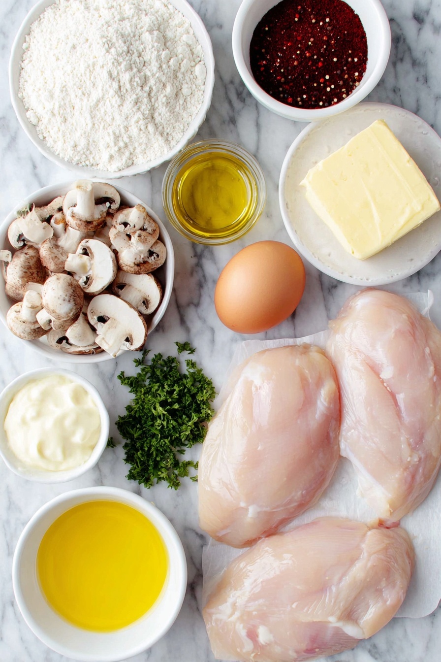 Flat lay of two large raw chicken breasts, one whole brown egg with a clean shell, a small white ceramic bowl of plain all-purpose flour mixed with salt, freshly ground black pepper, dried paprika, and garlic salt, a few tablespoons of golden olive oil in a small white bowl, a pat of unsalted butter on a white dish, one peeled brown onion sliced into rings, three peeled garlic cloves minced, a mix of sliced chestnut and button mushrooms, a small white bowl holding deep amber dry Marsala wine, another small white bowl filled with golden chicken stock, a small white bowl with creamy double/heavy cream, and a small handful of fresh chopped parsley sprigs arranged neatly in perfect symmetry on a clean white marble surface, soft natural light, photo taken with an iPhone, professional food photography style, fresh ingredients, white ceramic bowls, no bottles, no duplicates, no utensils, no packaging --ar 2:3 --v 7 --p m7354615311229779997 - Chicken Marsala with Mushrooms, Chicken Marsala, Mushroom Chicken Marsala, Easy Chicken Marsala, Italian Chicken Recipes
