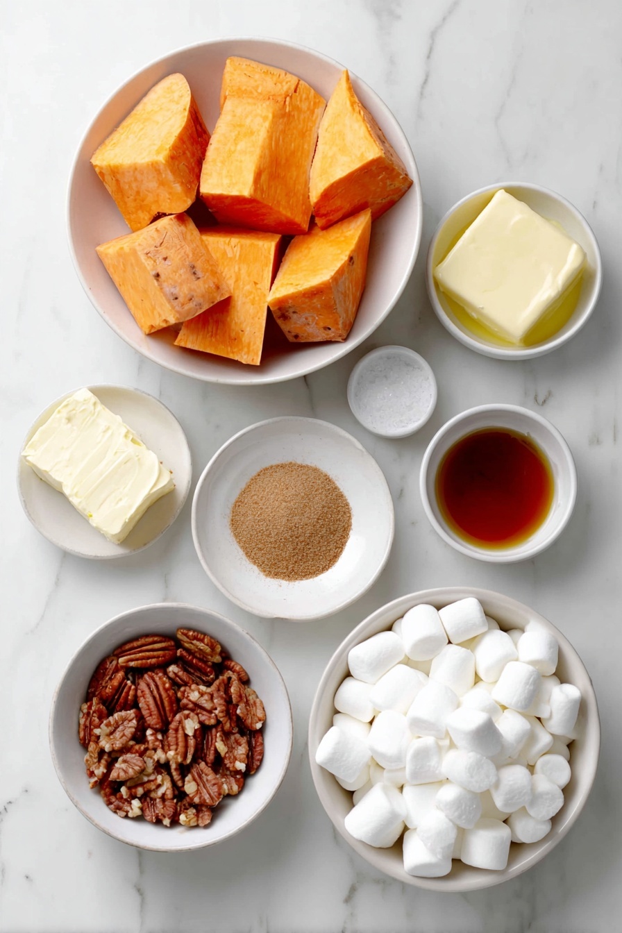 Flat lay of peeled and cubed sweet potatoes in a simple white ceramic bowl, a small white bowl filled with packed brown sugar, a small white bowl with softened butter, a small white bowl containing vanilla extract, a small white bowl of chopped pecans, a small white bowl holding ground cinnamon, a small white bowl with salt, a small white bowl with black pepper, and a small white bowl piled with miniature marshmallows, all arranged symmetrically and balanced, placed on a clean white marble surface, soft natural light, photo taken with an iPhone, professional food photography style, fresh ingredients, white ceramic bowls, no bottles, no duplicates, no utensils, no packaging --ar 2:3 --v 7 --p m7354615311229779997 - Sweet Potato Casserole with Pecans and Marshmallows, holiday sweet potato casserole, best sweet potato casserole, easy holiday side dish, Thanksgiving sweet potato side