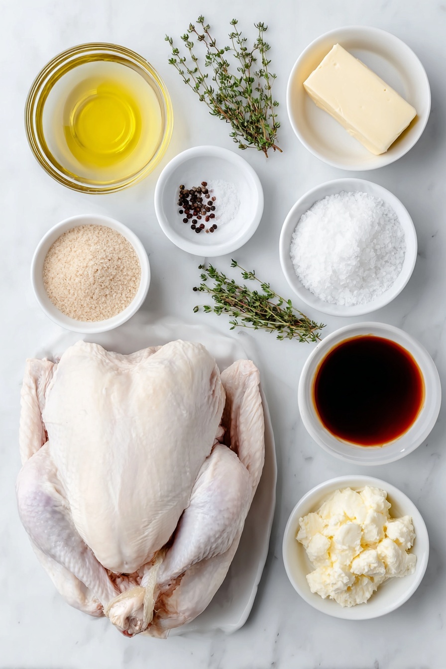 Flat lay of one whole raw turkey, two sprigs of fresh thyme, a small mound of coarse kosher salt, a small pile of coarse black peppercorns, a white ceramic bowl with light brown sugar, a white ceramic bowl with olive oil, a white ceramic bowl with water, a small white ceramic bowl holding unsalted butter stick, a small white ceramic bowl filled with pure maple syrup, a small white ceramic bowl containing soy sauce, a small white ceramic bowl of clear rice vinegar, a small white ceramic bowl with Worcestershire sauce, placed on a clean white marble surface, soft natural light, photo taken with an iPhone, professional food photography style, fresh ingredients, white ceramic bowls, no bottles, no duplicates, no utensils, no packaging --ar 2:3 --v 7 --p m7354615311229779997 - Maple Butter Glazed Roast Turkey, roast turkey with maple glaze, festive turkey recipe, juicy roast turkey, easy holiday turkey