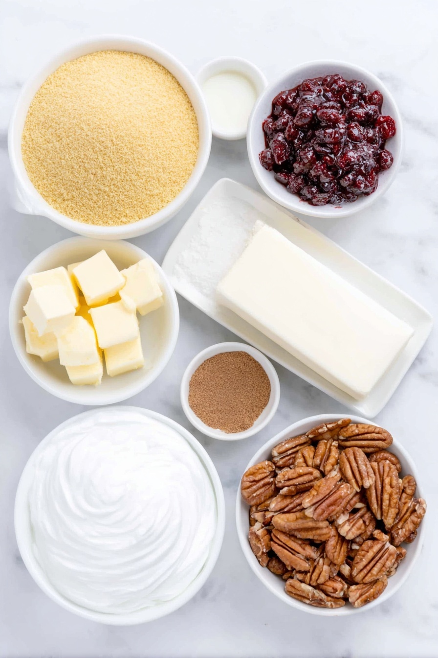 Flat lay of a small mound of golden graham cracker crumbs, a tiny pile of warm brown ground cinnamon, a few irregular chunks of pale yellow unsalted butter, a smooth block of soft cream cheese, a small white bowl filled with fine white confectioners' sugar, a tall swirl of thick white whipping cream, a small white bowl of clear vanilla extract, a small white bowl of fine white granulated sugar, a white ceramic bowl heaped with glossy whole berry cranberry sauce bursting with red berries, and a scattering of chopped pecans with warm brown and tan shades, all arranged in perfect symmetry on simple white ceramic bowls and dishes, placed on a clean white marble surface, soft natural light, photo taken with an iPhone, professional food photography style, fresh ingredients, white ceramic bowls, no bottles, no duplicates, no utensils, no packaging --ar 2:3 --v 7 --p m7354615311229779997 - No-Bake Cranberry Cheesecake Pie, festive cranberry dessert, easy no-bake cheesecake, holiday dessert recipes, creamy cranberry pie