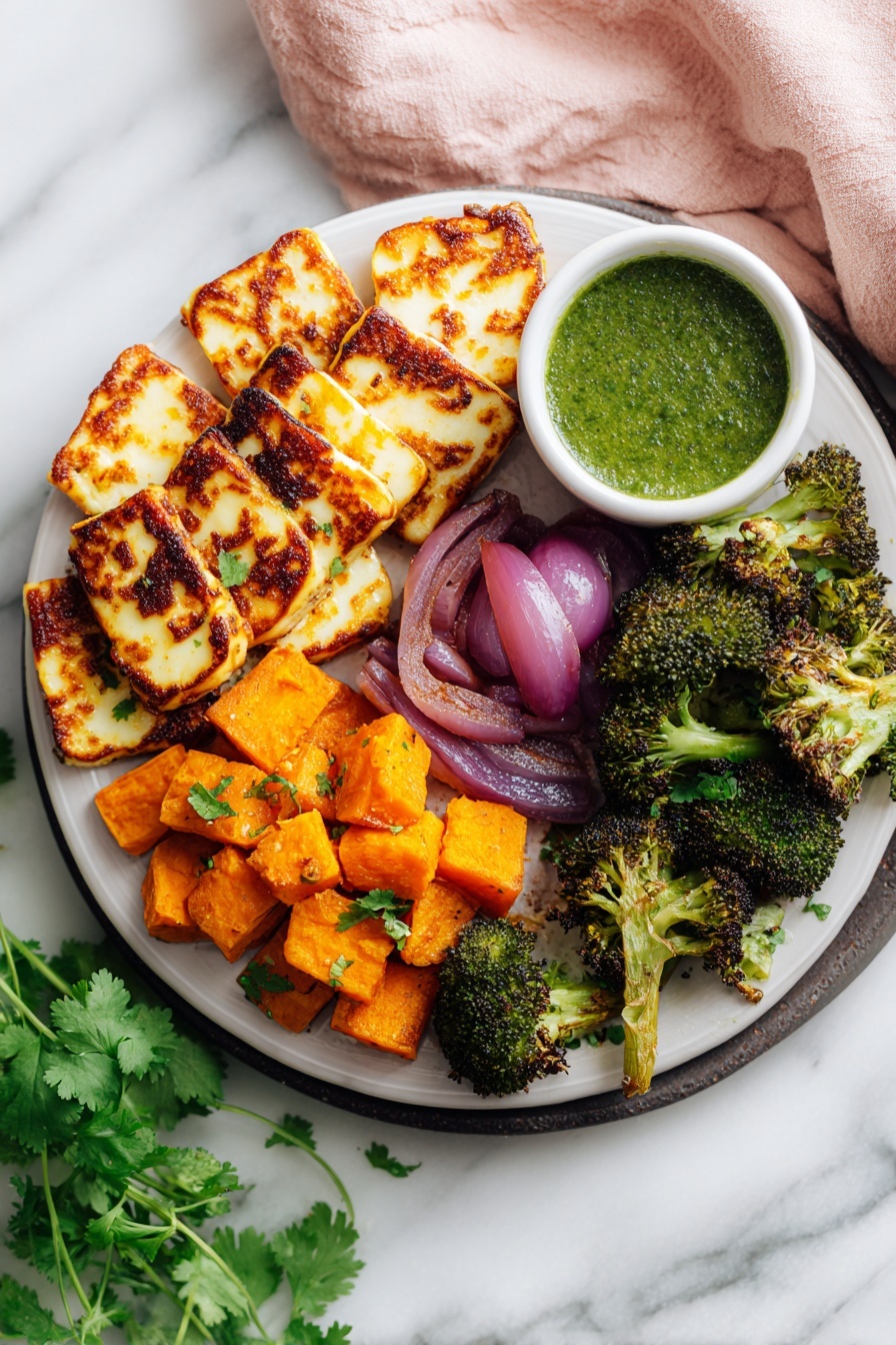 A white plate on a white marbled surface holds a fresh, colorful meal with four main layers. The top layer features golden brown, grilled cheese slices with a slightly crispy texture and green herb sauce drizzled on top. Below and to the left, there are bright orange roasted squash cubes with the same green herb sauce. The plate also has a layer of green roasted broccoli with some browned edges, and a small pile of sliced purple-red onions in the center adding a pop of color. A pink cloth napkin is placed nearby, along with some fresh cilantro leaves and a small white bowl filled with green herb sauce. Photo taken with an iphone --ar 2:3 --v 7 - Sheet Pan Halloumi with Roasted Vegetables, easy vegetarian dinner, healthy sheet pan recipes, baked halloumi recipes, quick vegetable side dishes